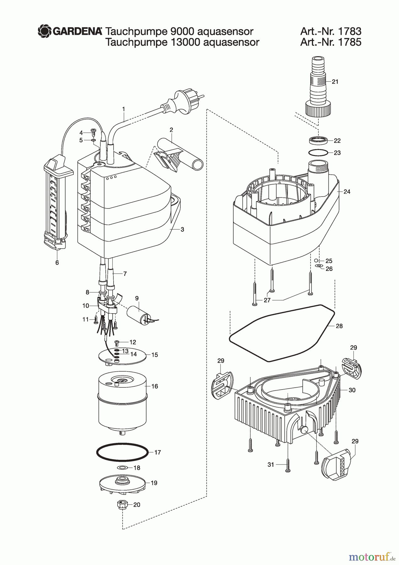 Gardena Klarwasser-Tauchpumpe 9000: Klarwasserpumpe mit 9.000 l/h  Fördermenge, Schwimmschalter mit Dauerlaufoption, Flachabsaugung bis 2 mm,  Schnellkupplungssystem, 300 W (09030-20) : : Baumarkt
