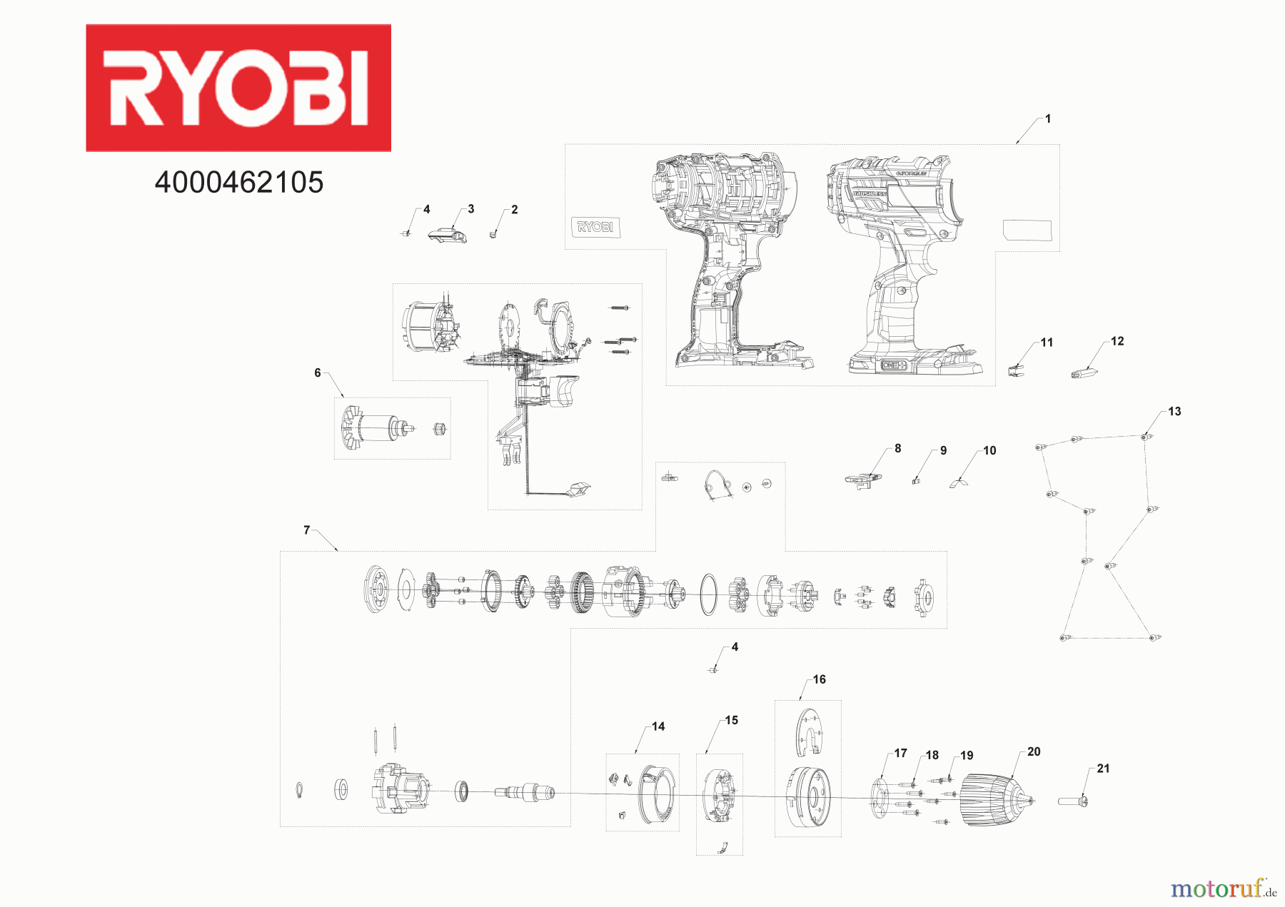  Ryobi (Schlag-)Bohrschrauber Akkuschrauber R18DDBL-0 18 V Brushless Akku-Bohrschraube 4000462105  Seite 1