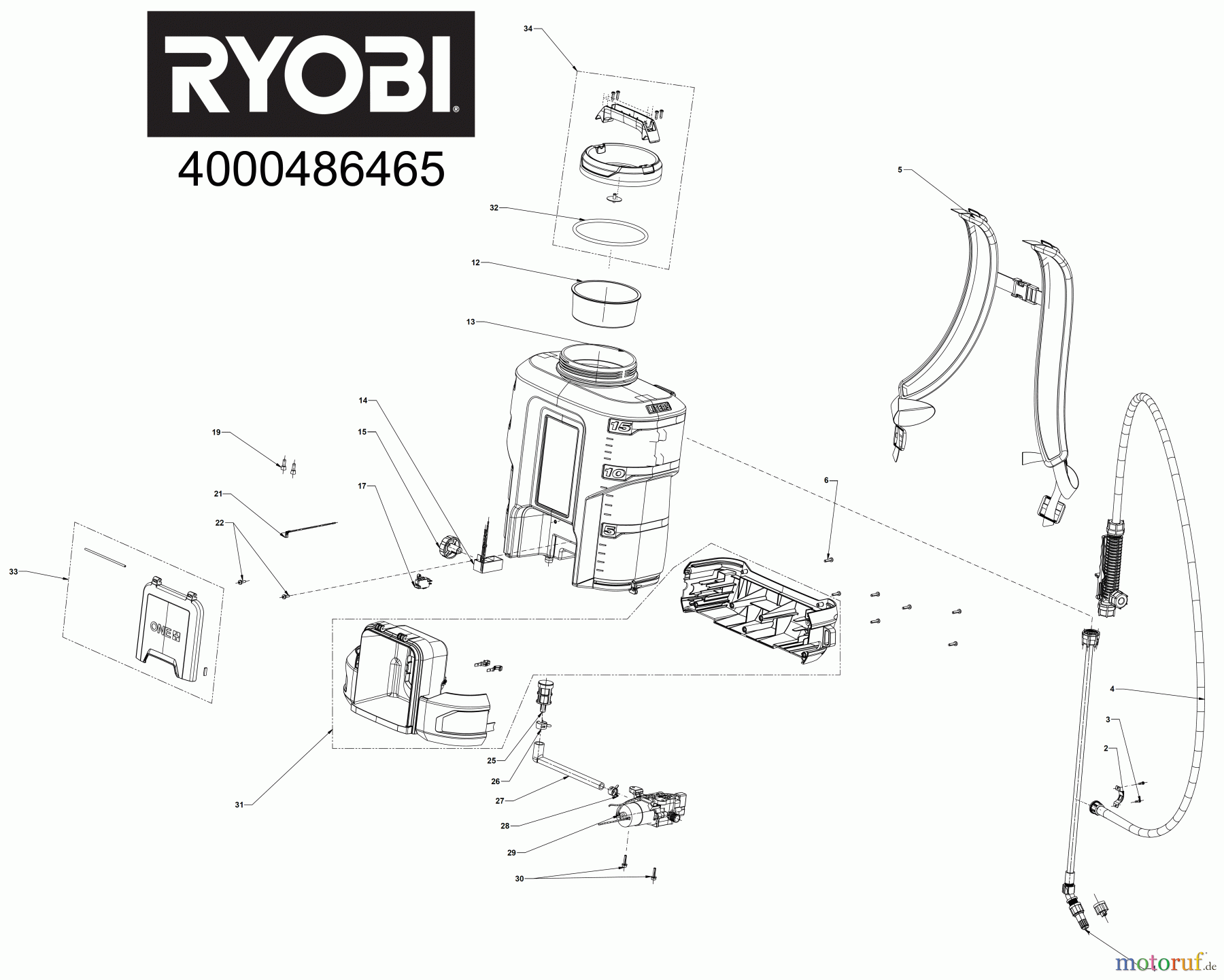  Ryobi Sprühgeräte Sonstige Sprühgeräte RY18BPSB 8 V ONE+ Akku-Drucksprüher mit Rückengurt, Tankvolumen 15 L Seite 1