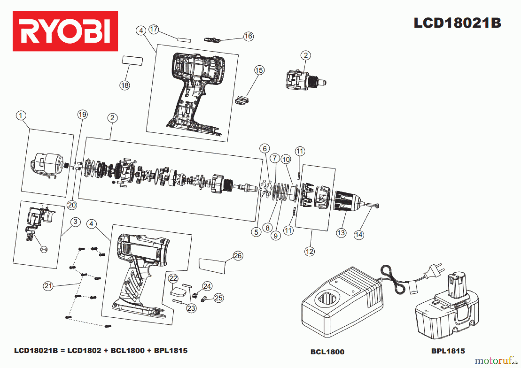  Ryobi (Schlag-)Bohrschrauber Bohrschrauber LCD18021B Seite 1