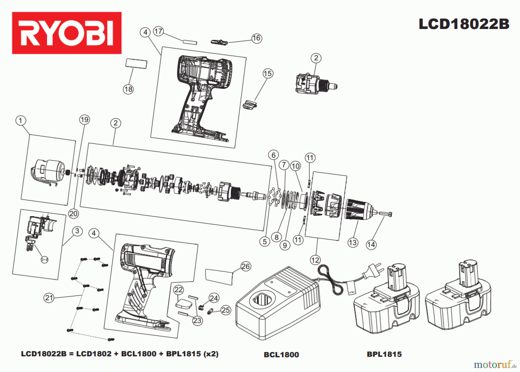  Ryobi (Schlag-)Bohrschrauber Bohrschrauber LCD18022B Seite 1