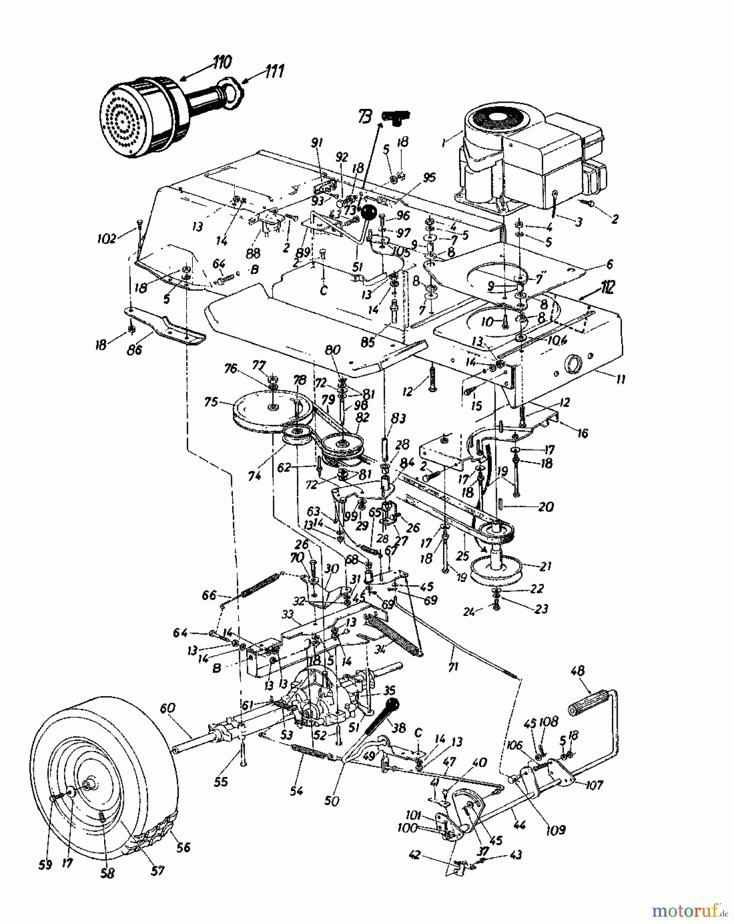  Columbia Rasentraktoren 110/960 N 135-6371  (1985) Fahrantrieb, Motorkeilriemenscheibe, Pedal, Räder hinten