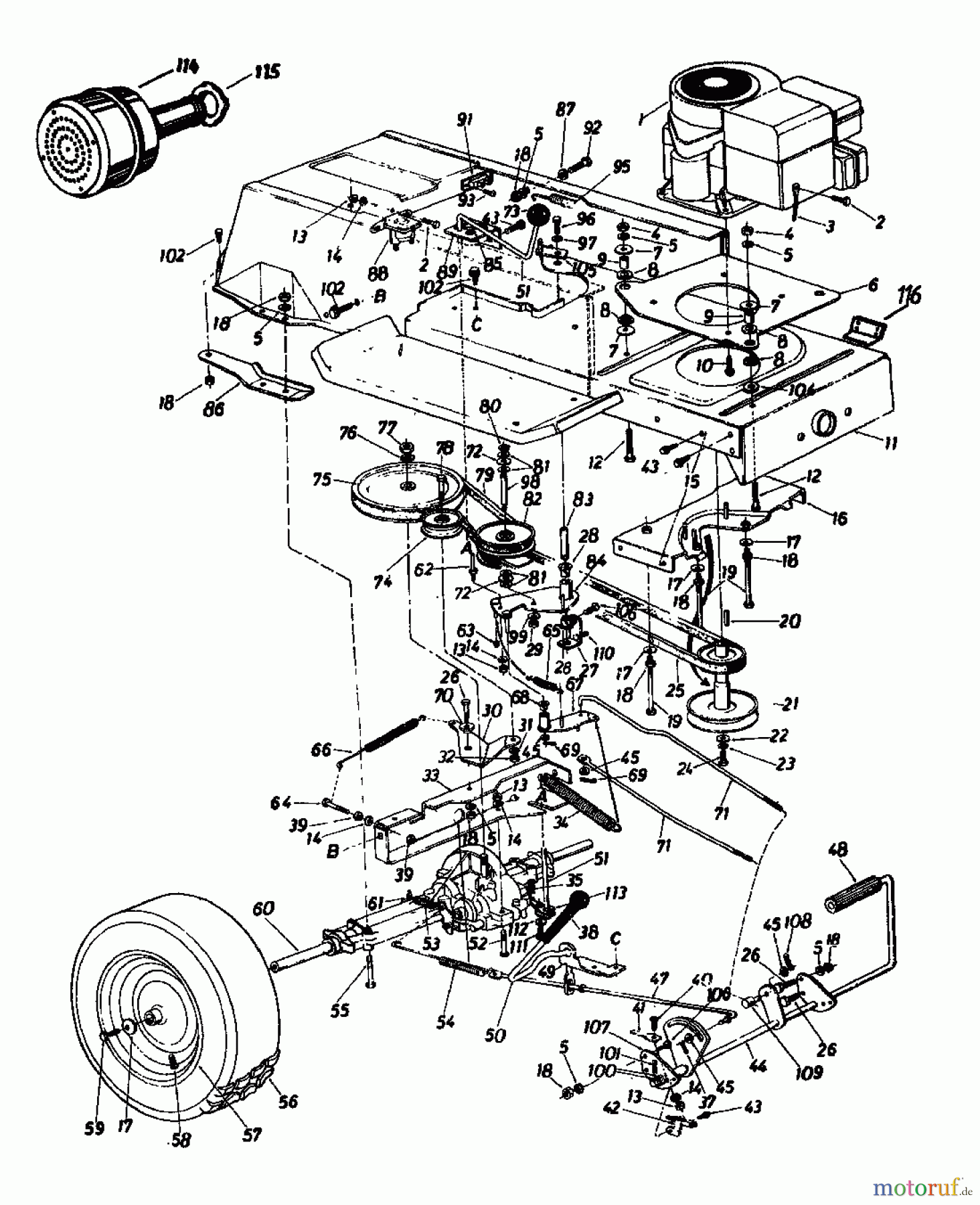  Columbia Rasentraktoren 110/960 SL 136-6370  (1986) Fahrantrieb, Motorkeilriemenscheibe, Pedal, Räder hinten