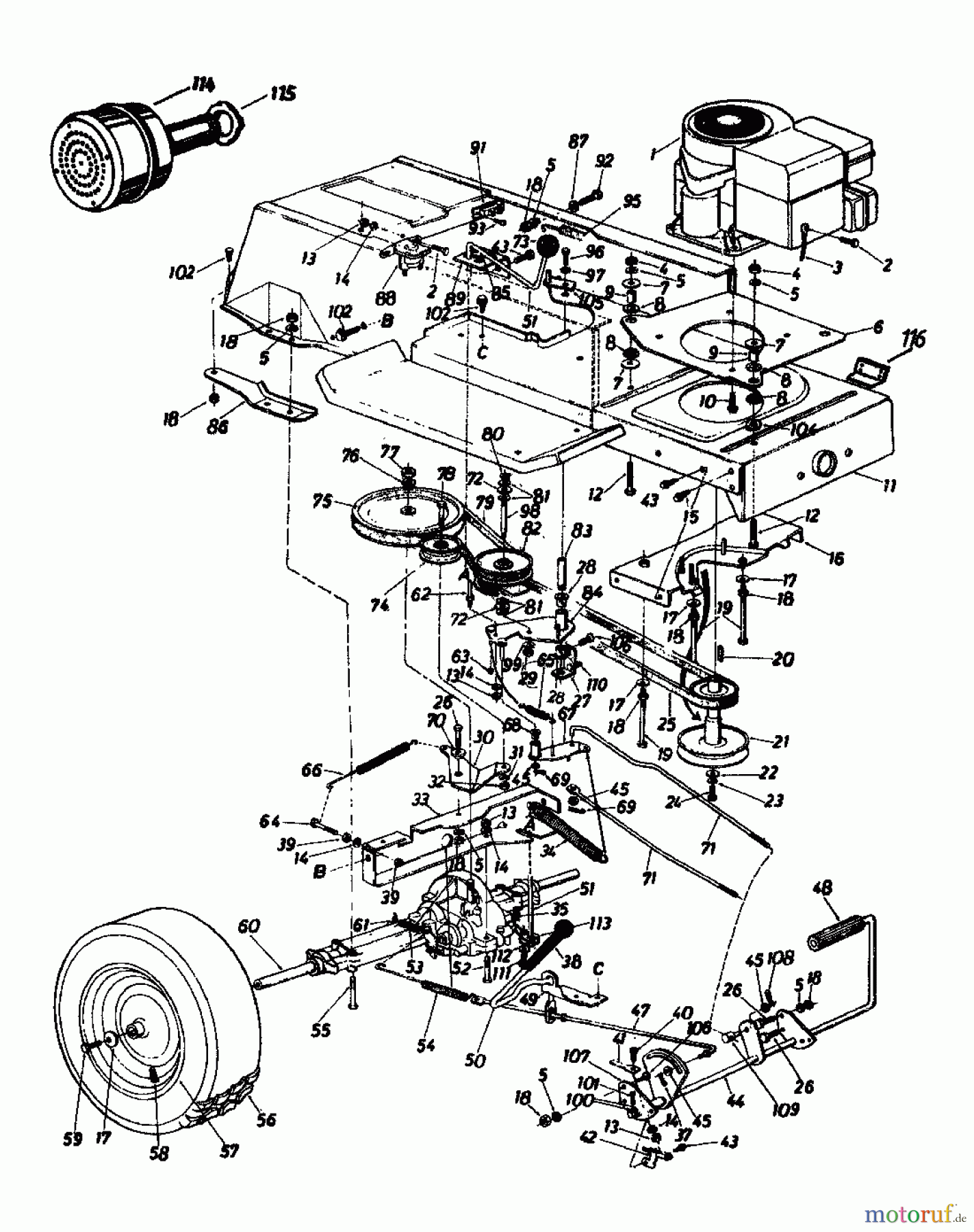  Super Rasentraktoren Super 111 136-6981  (1986) Fahrantrieb, Motorkeilriemenscheibe, Pedal, Räder hinten