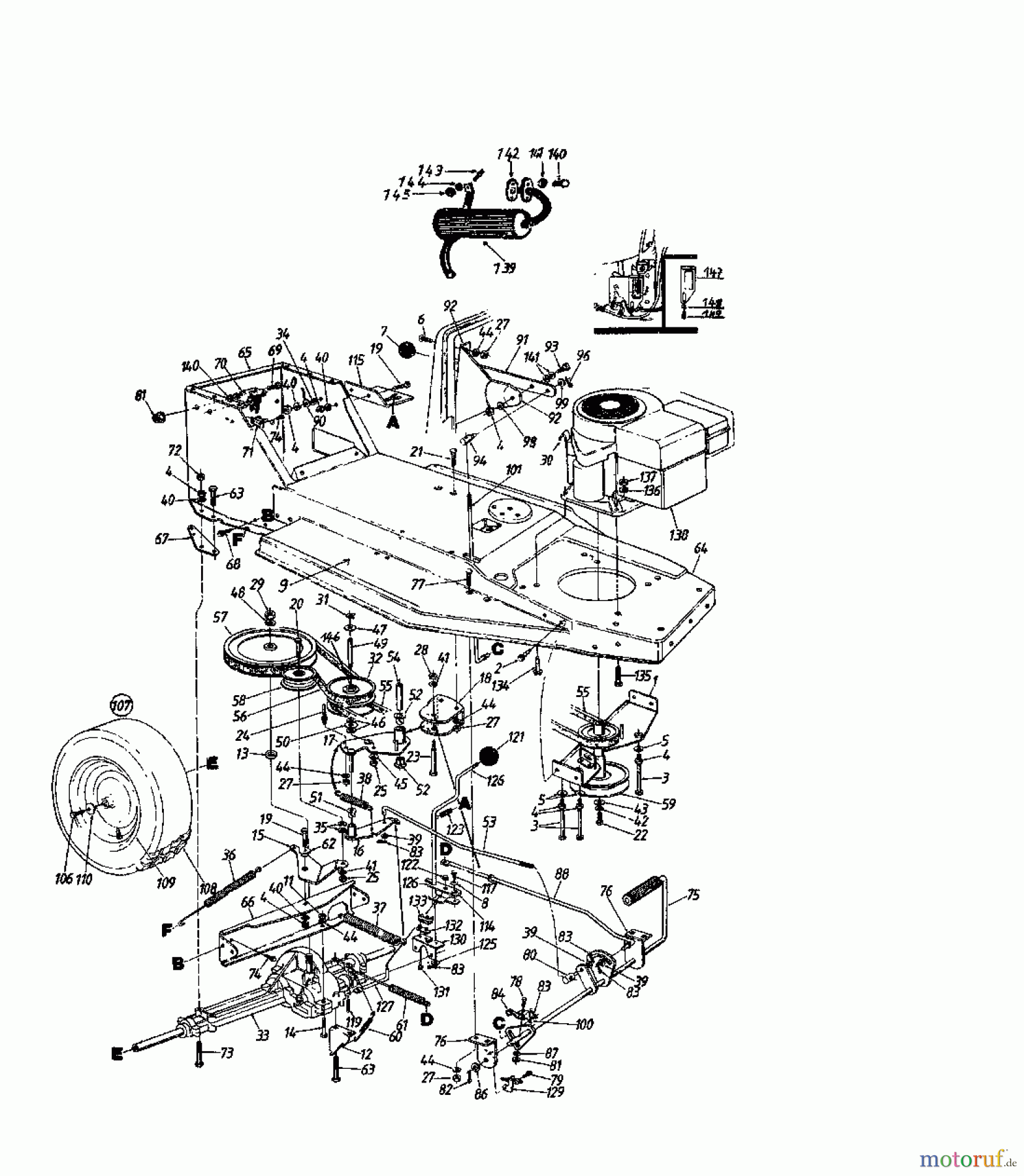  MTD Rasentraktoren 11/81 138-3420  (1988) Fahrantrieb, Motorkeilriemenscheibe, Pedal, Räder hinten