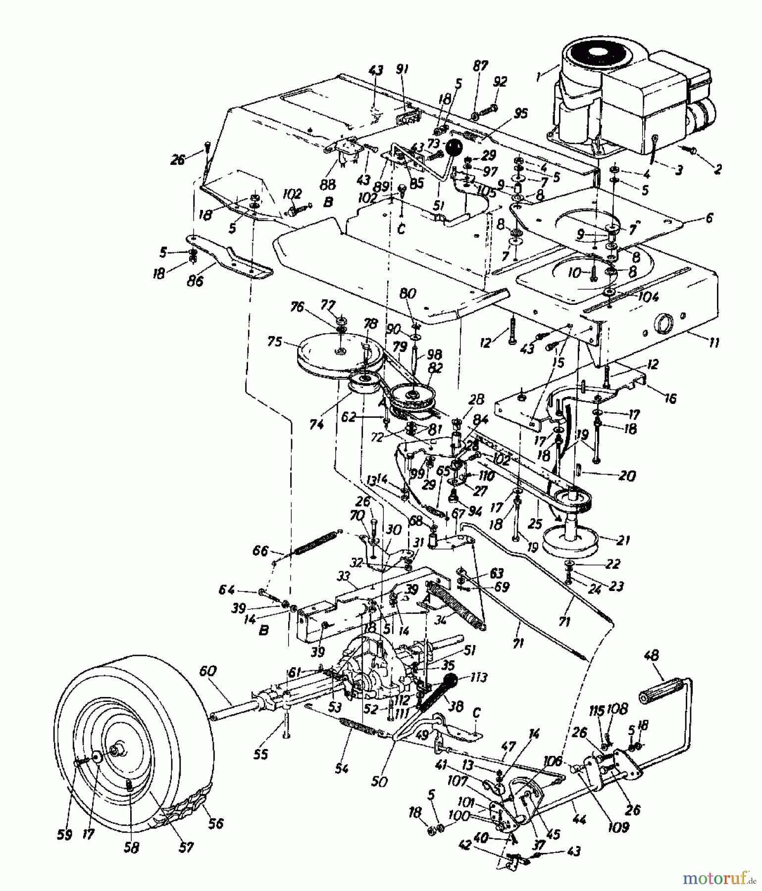  Columbia Rasentraktoren 111/960 138-6370  (1988) Fahrantrieb, Motorkeilriemenscheibe, Pedal, Räder hinten