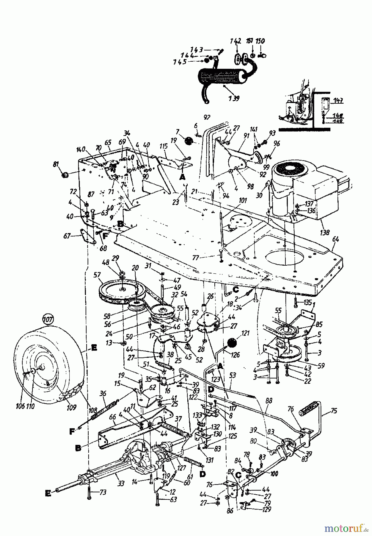  MTD Rasentraktoren 11/81 139-3420  (1989) Fahrantrieb, Motorkeilriemenscheibe, Pedal, Räder hinten