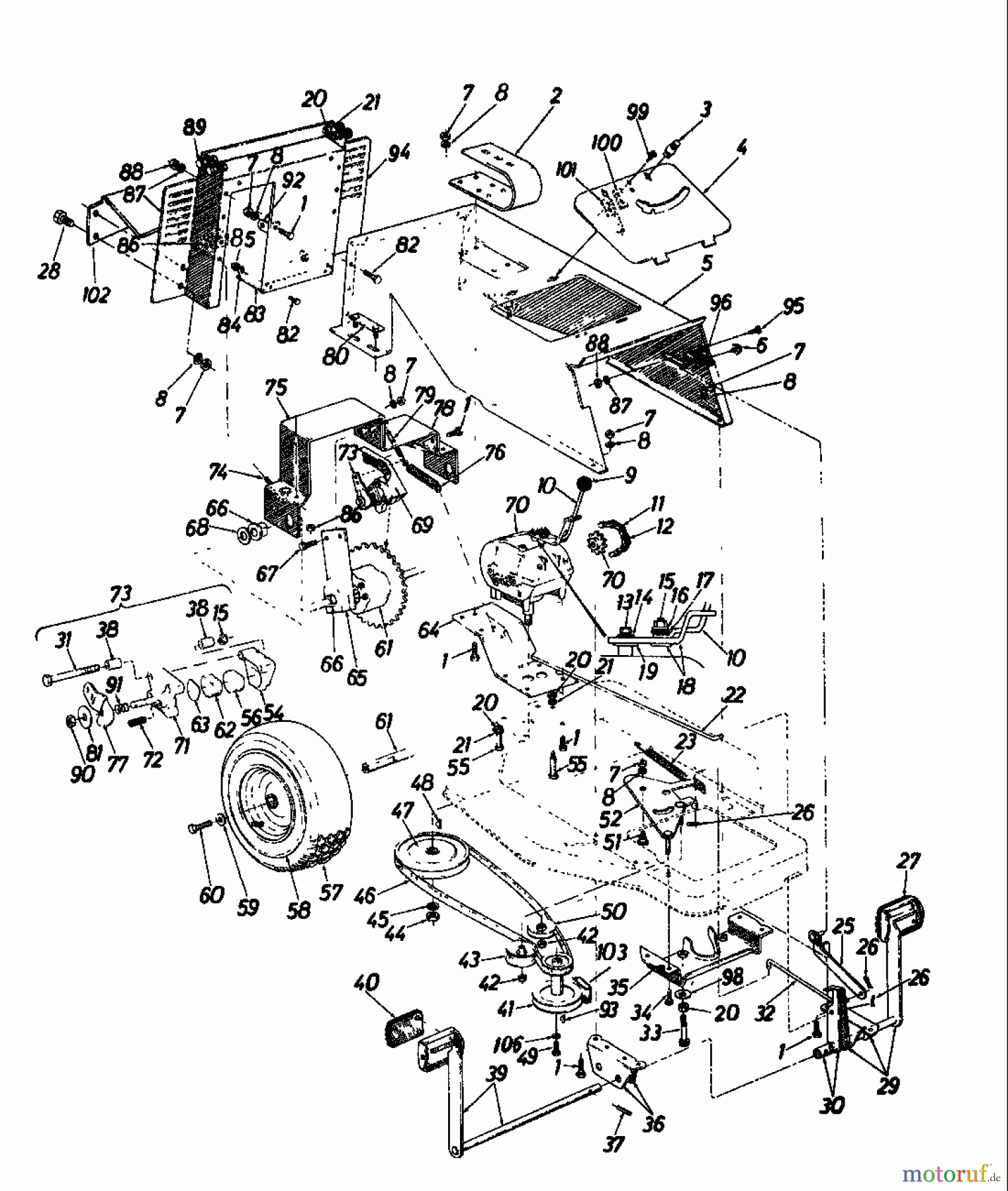  Columbia Rasentraktoren RD 11/660 139-5240  (1989) Fahrantrieb, Motorkeilriemenscheibe, Pedal, Räder hinten