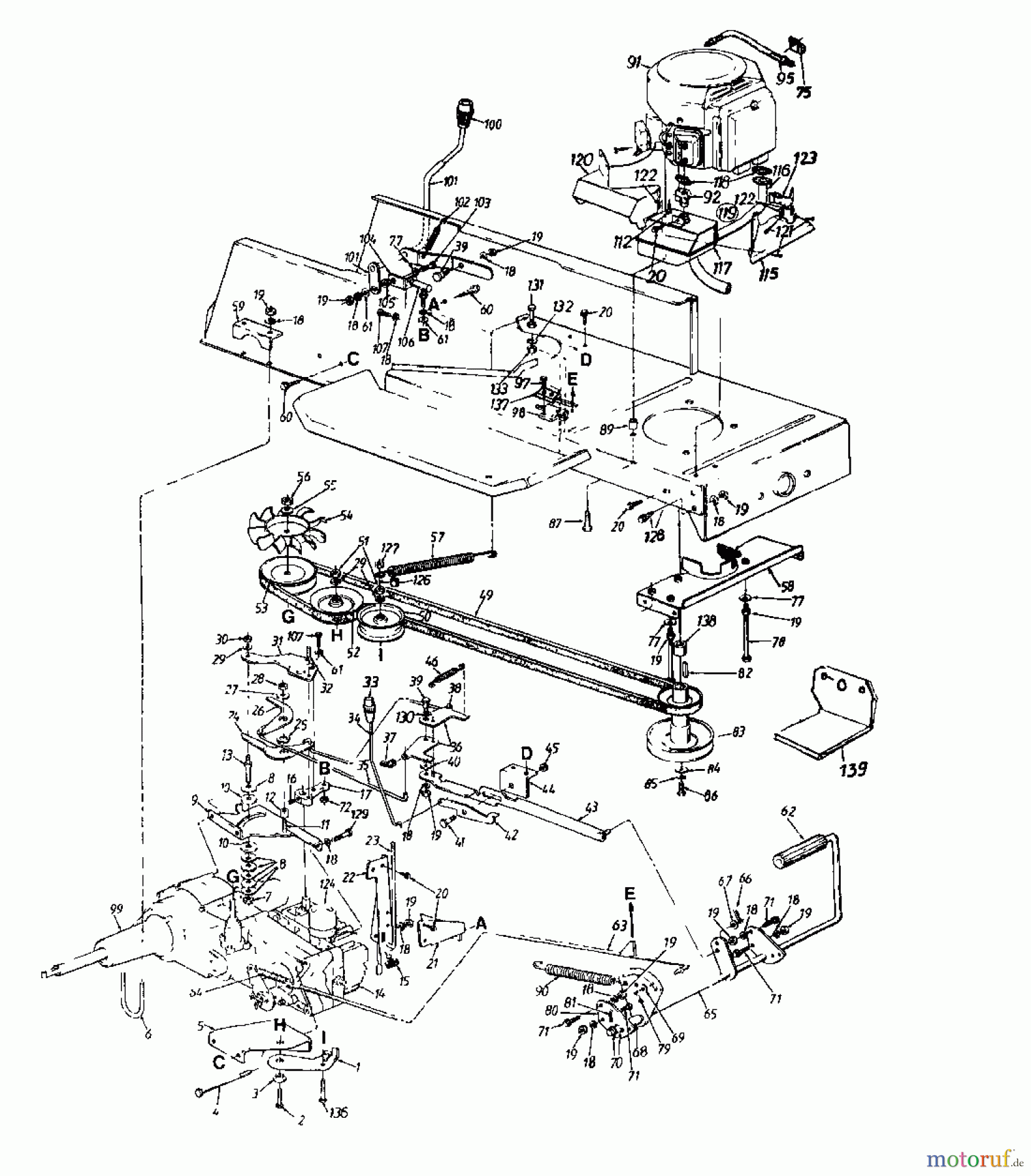  MTD Rasentraktoren IB 120 131-739G  (1991) Fahrantrieb, Motorkeilriemenscheibe, Pedal