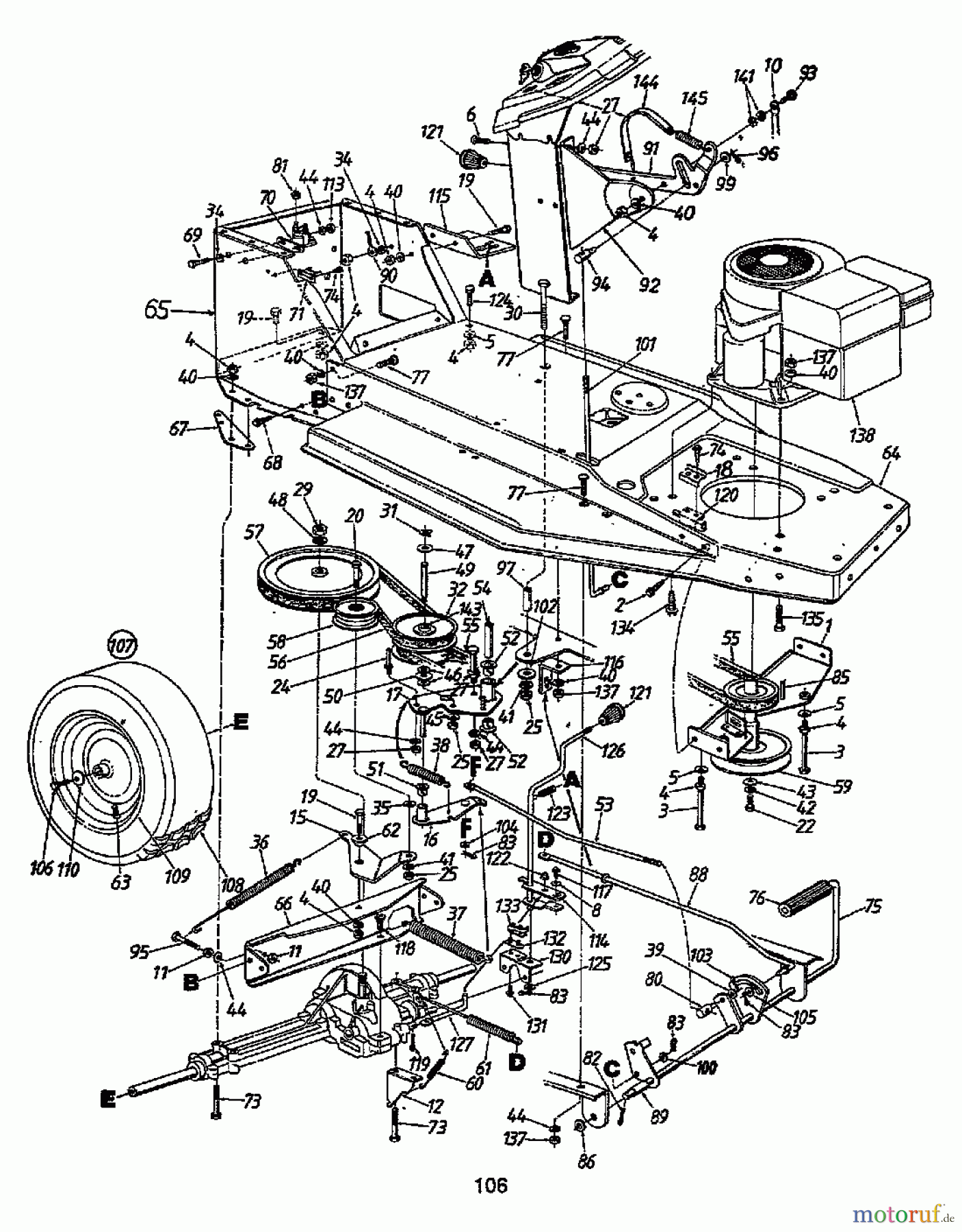  MTD Rasentraktoren 12/91 132-450E653  (1992) Fahrantrieb, Motorkeilriemenscheibe, Pedal, Räder hinten