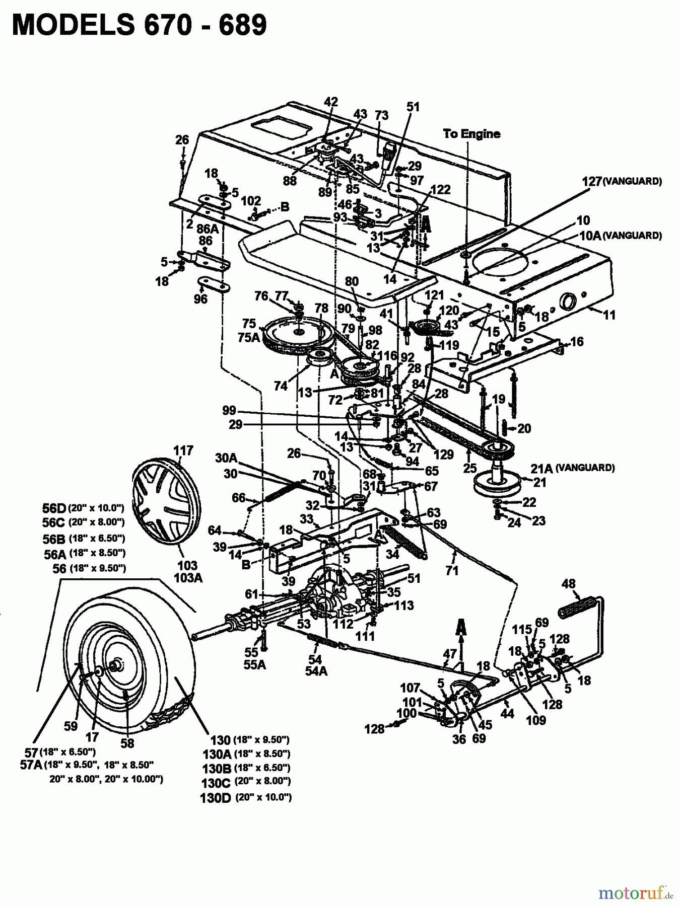 Columbia Rasentraktoren 112/960 N 132-650F626  (1992) Fahrantrieb, Motorkeilriemenscheibe, Pedal, Räder hinten