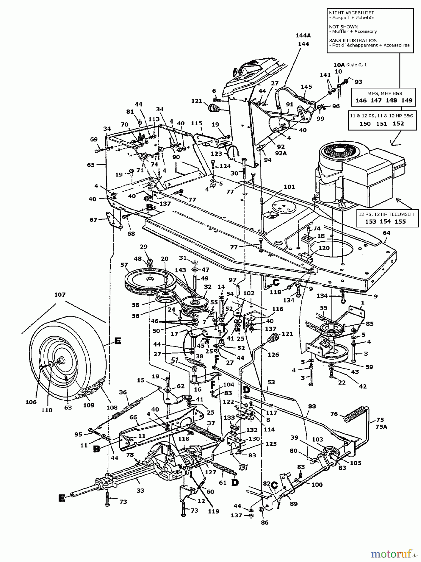  MTD Rasentraktoren 11/91 133C470E600  (1993) Fahrantrieb, Motorkeilriemenscheibe, Pedal, Räder hinten