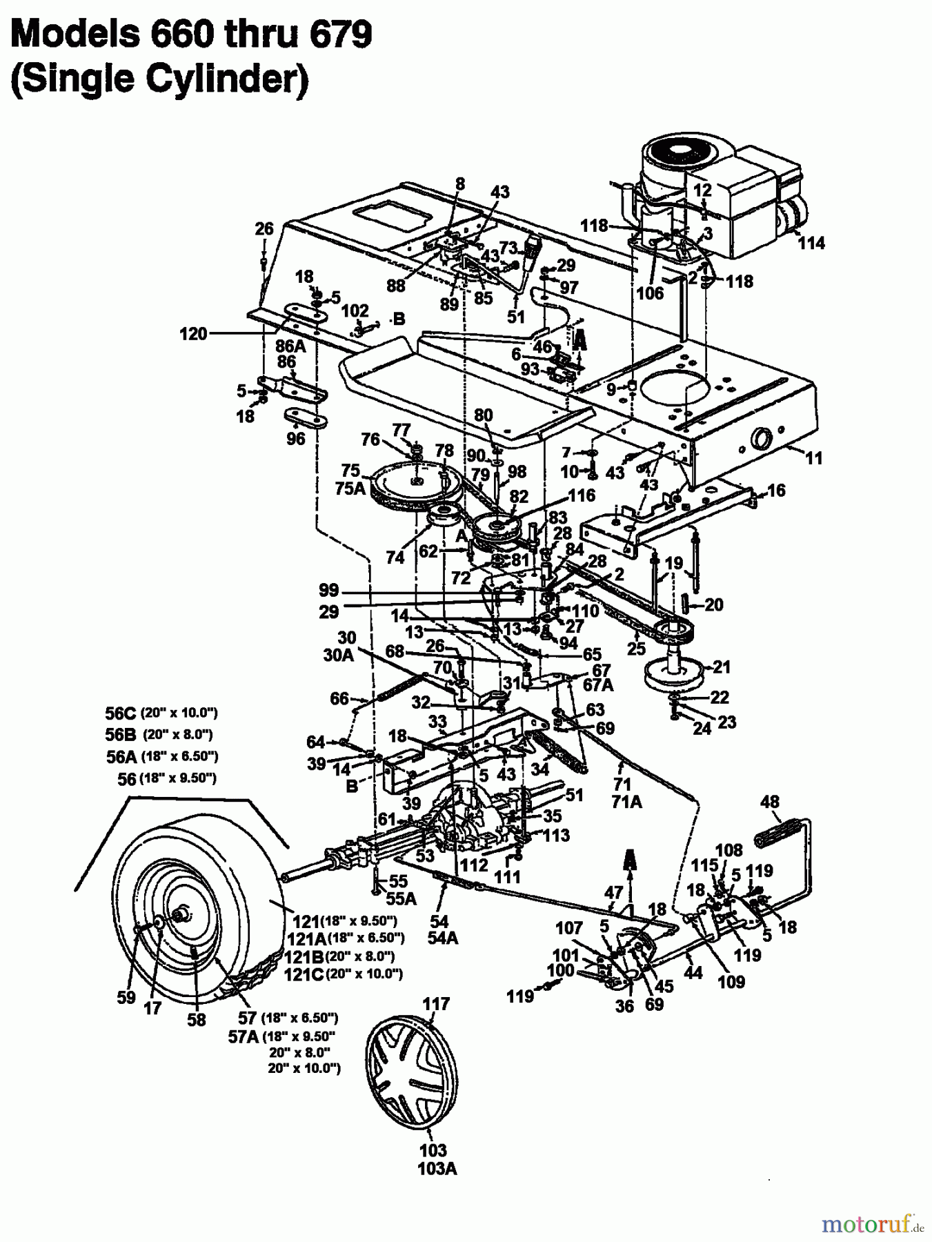  MTD Rasentraktoren 11/30 133C679C600  (1993) Fahrantrieb, Motorkeilriemenscheibe, Pedal, Räder hinten
