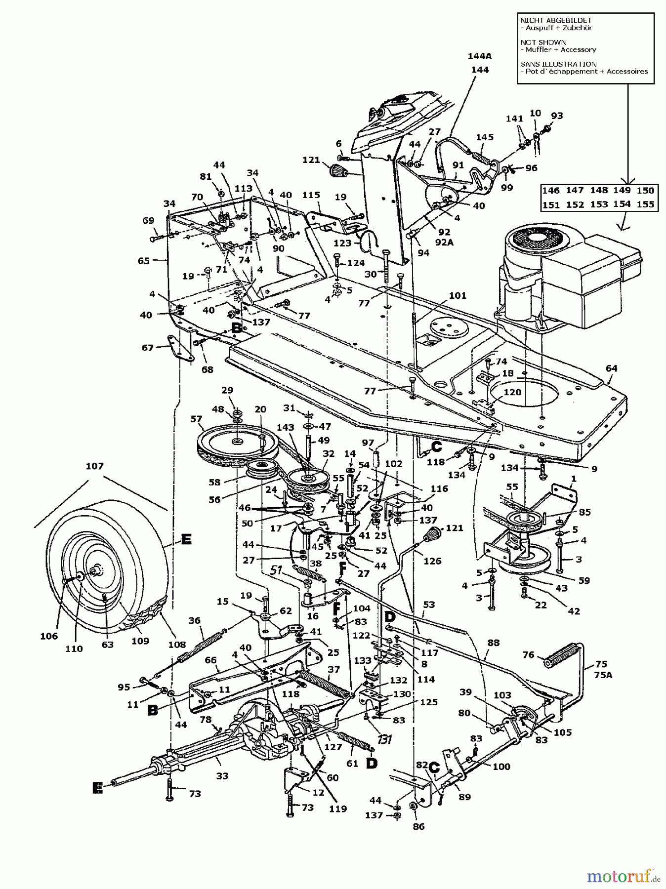  Columbia Lawn tractors 112/910 N 134I451E626  (1994) Drive system, Engine pulley, Pedal, Rear wheels