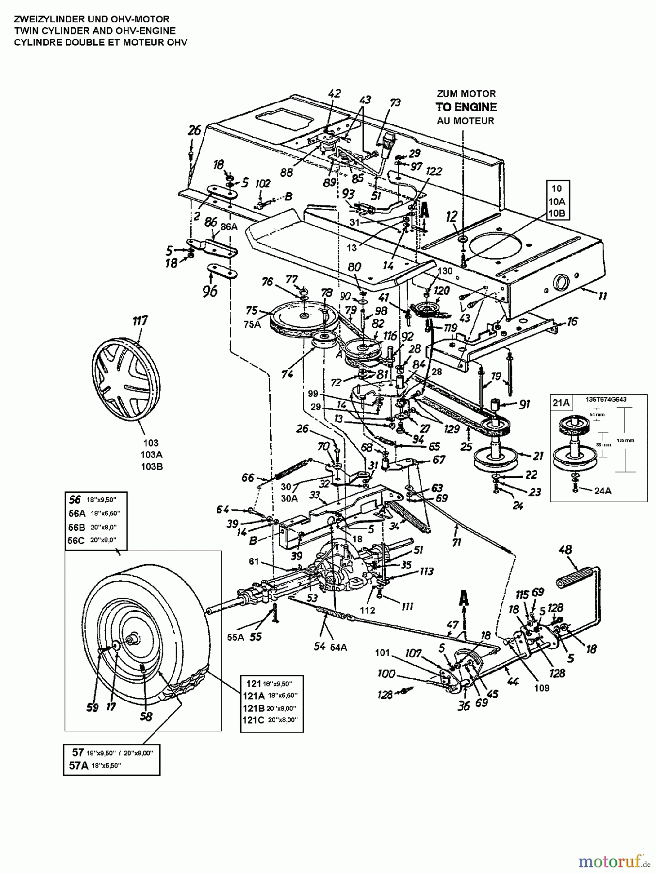 MTD Rasentraktoren 665 E 135L665E678  (1995) Fahrantrieb, Motorkeilriemenscheibe, Pedal, Räder hinten