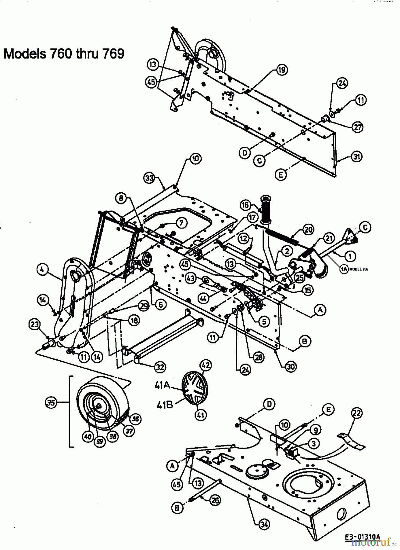  MTD Rasentraktoren IB 130 13AA765N606  (1998) Mähwerksaushebung, Rahmen hinten, Räder hinten