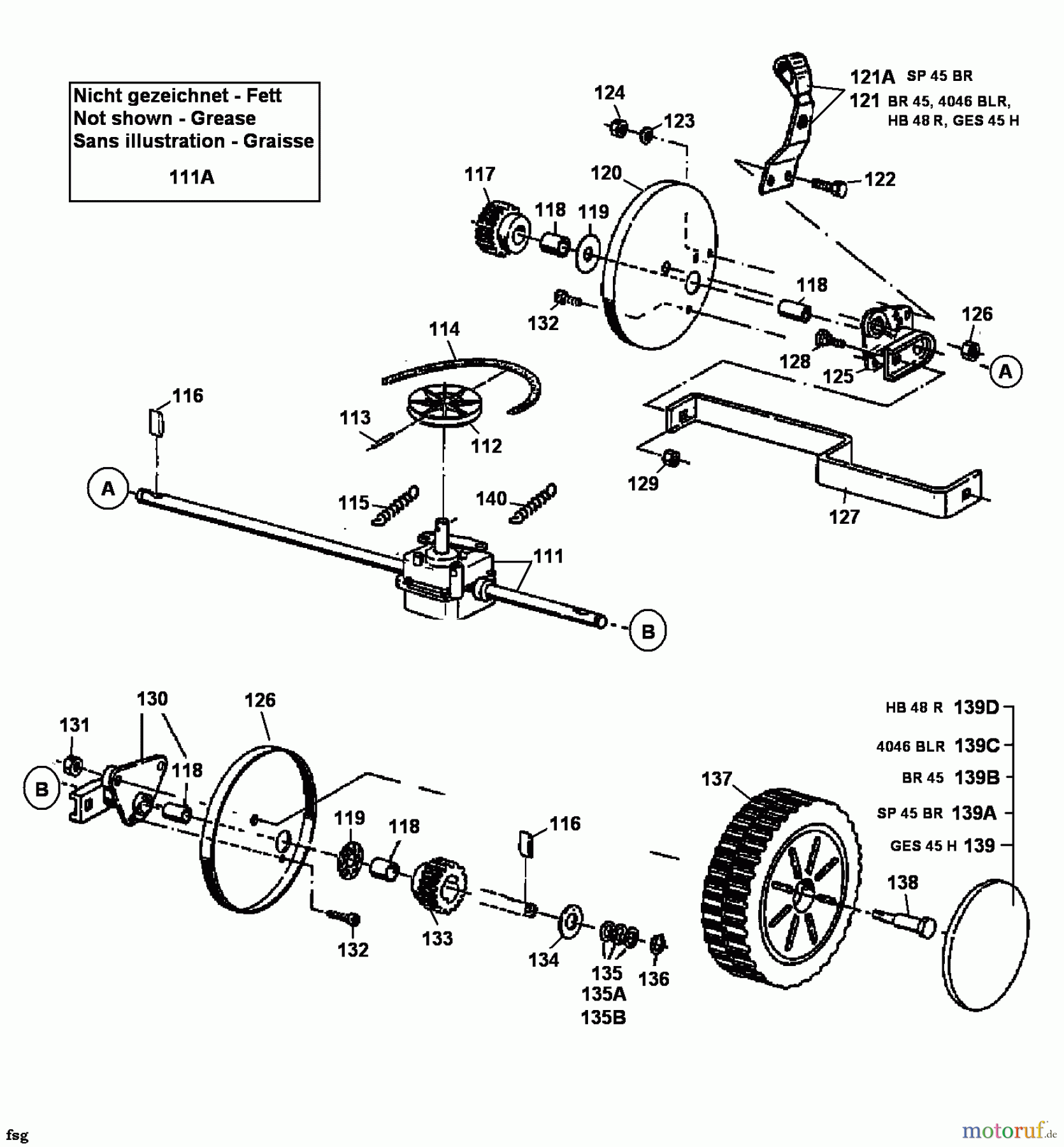  MTD Petrol mower self propelled GES 45 H 12A-T09Y678  (1999) Gearbox, Wheels