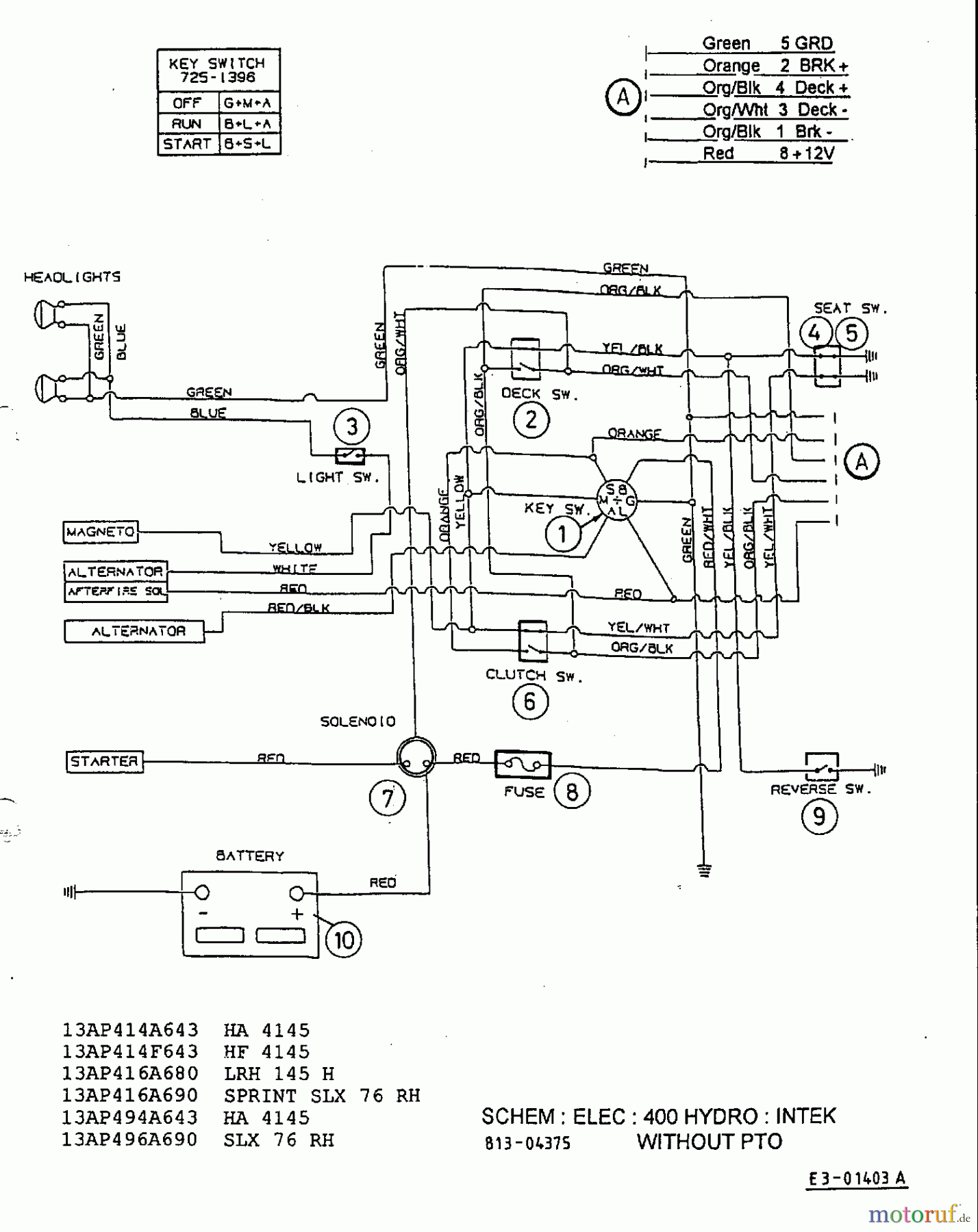  MTD Lawn tractors H 145 13AP418F678  (2003) Wiring diagram Intek without electric clutch