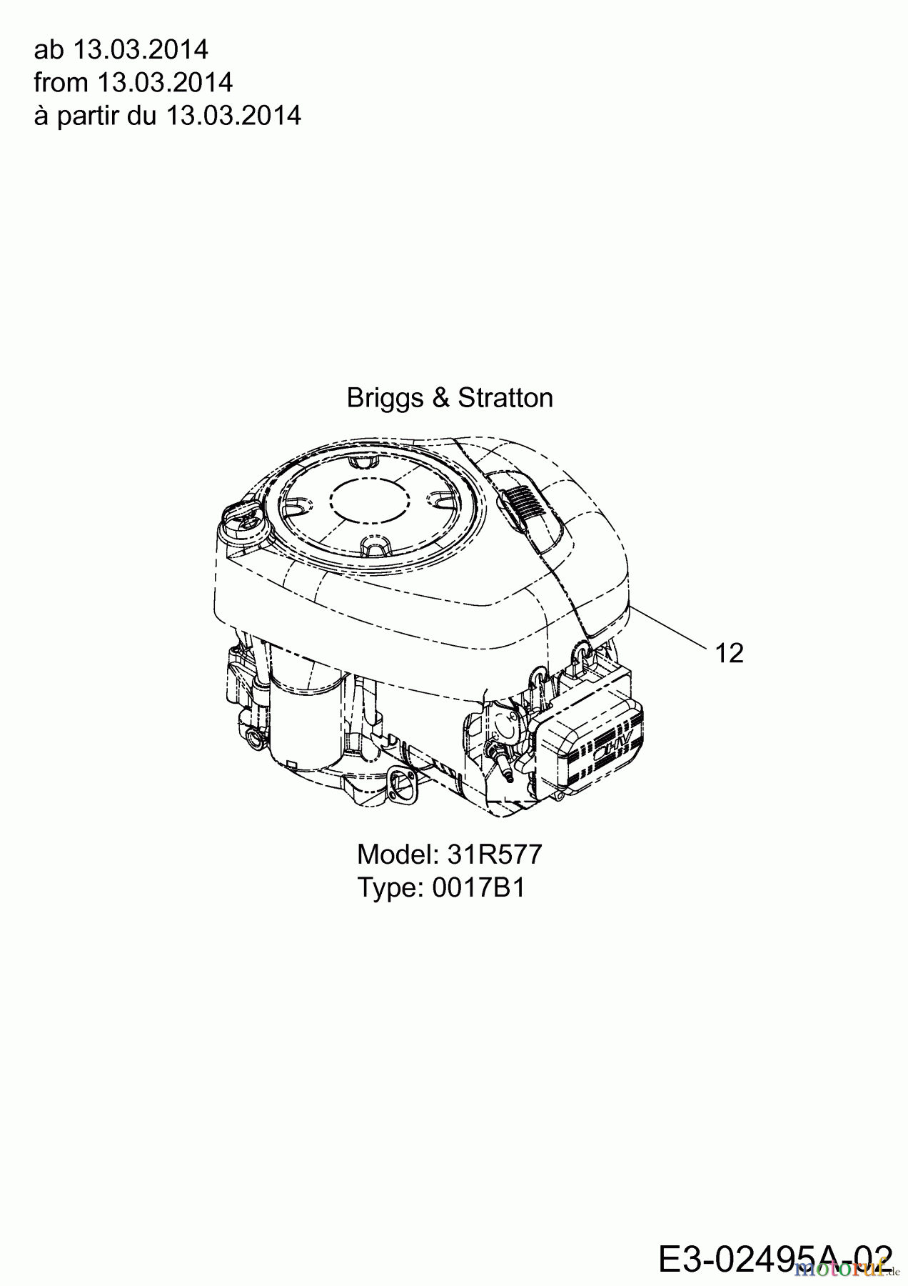  Cub Cadet Rasentraktoren CC 1016 AE 13HD90AE603  (2014) Motor Briggs & Stratton ab 13.03.2014