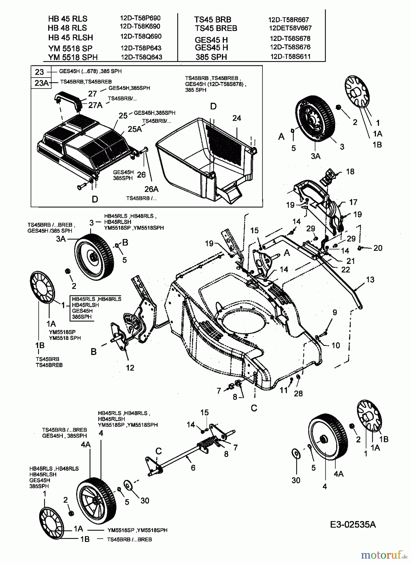  MTD Motormäher mit Antrieb GES 45 H 12D-T58S678  (2005) Grasfangkorb, Räder, Schnitthöhenverstellung