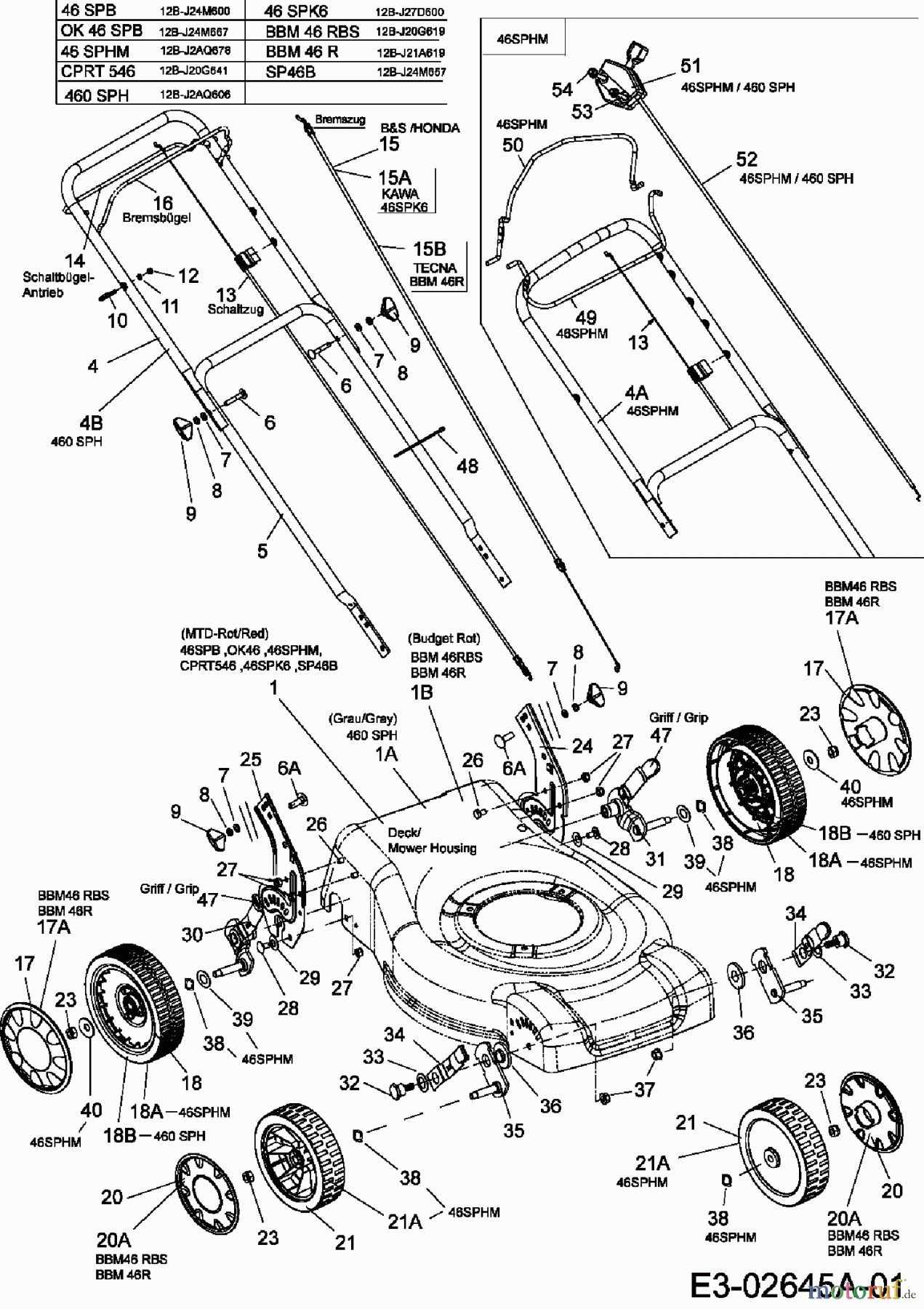  MTD Motormäher mit Antrieb 46 SPHM 12B-J2AQ678  (2006) Holm, Räder, Schnitthöhenverstellung