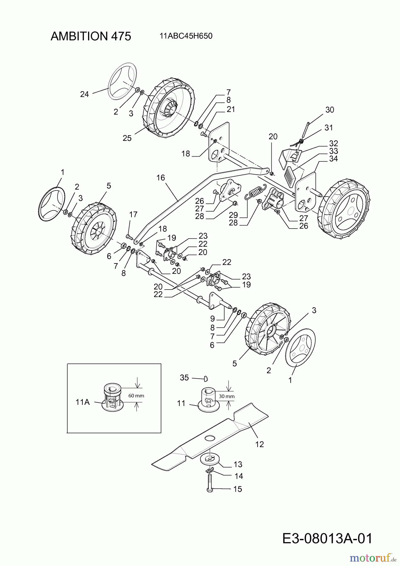  Wolf-Garten Motormäher Ambition 475 11ABC45H650  (2013) Messer, Räder, Schnitthöhenverstellung