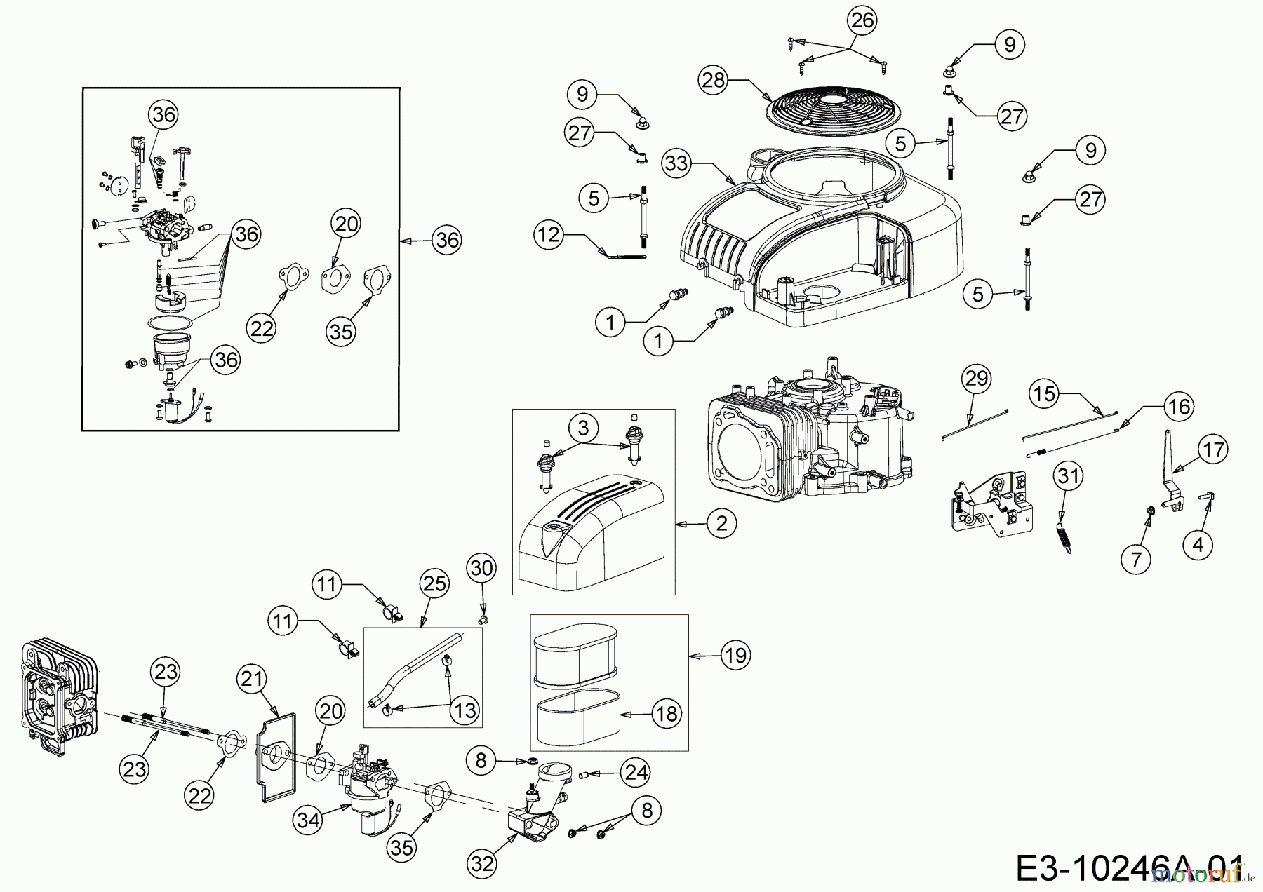 MTD-Motoren Vertikal 4P90JHB 752Z4P90JHB (2013) Luftfilter, Motorhaube, Reglergestänge, Vergaser