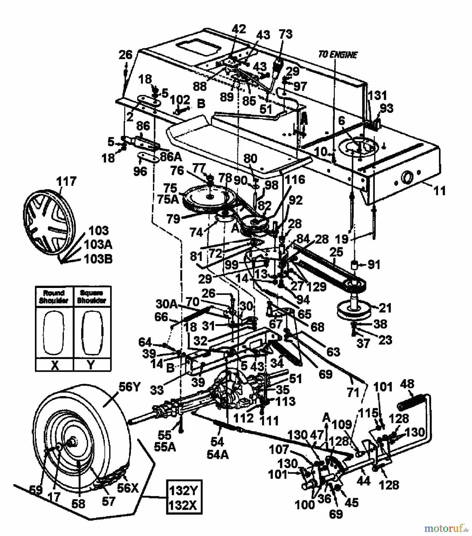  MTD Rasentraktoren B/180 13AQ675G661  (1999) Fahrantrieb, Motorkeilriemenscheibe, Pedal, Räder hinten