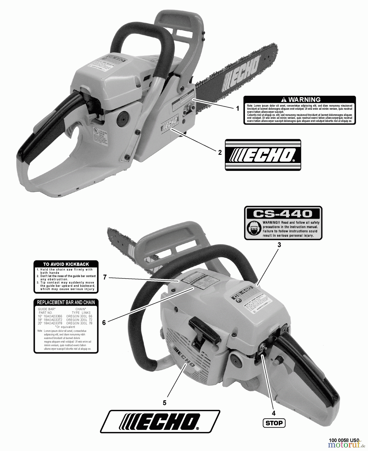  Echo Sägen, Kettensägen CS-440 - Echo Chainsaw, S/N: C09112001001 - C09112999999 Labels