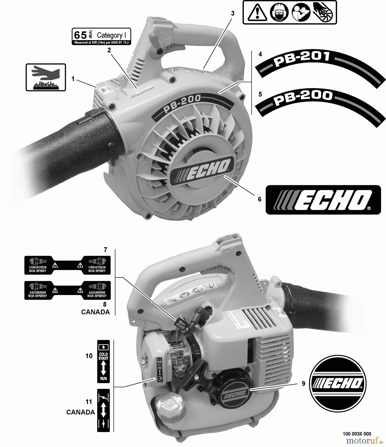  Echo Bläser / Sauger / Häcksler / Mulchgeräte	 PB-200 - Echo Hand Held Blower, S/N: P06013001001 - P06013999999 Labels