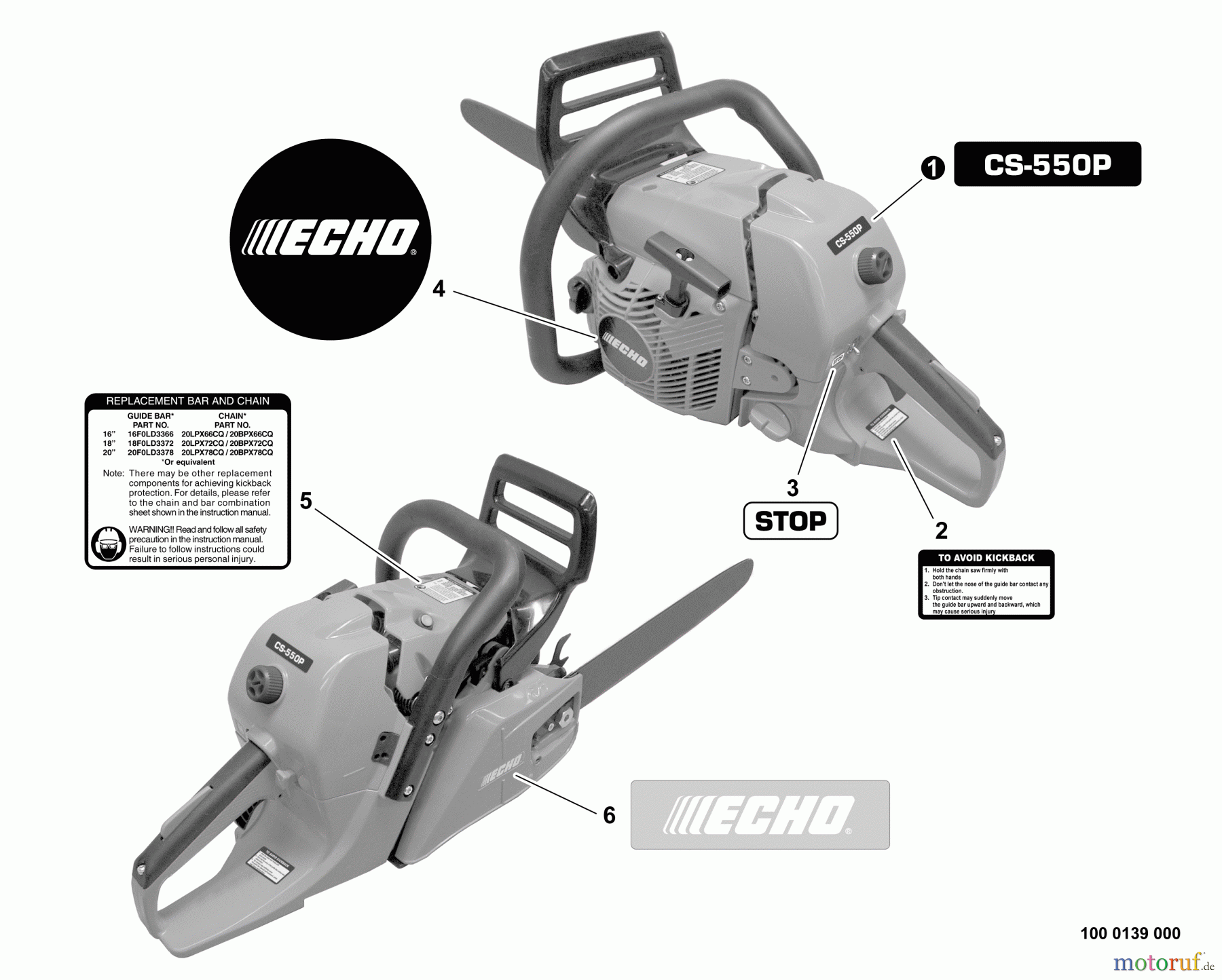  Echo Sägen, Kettensägen CS-550P - Echo Chainsaw, S/N: C10712001001 - C10712999999 Labels