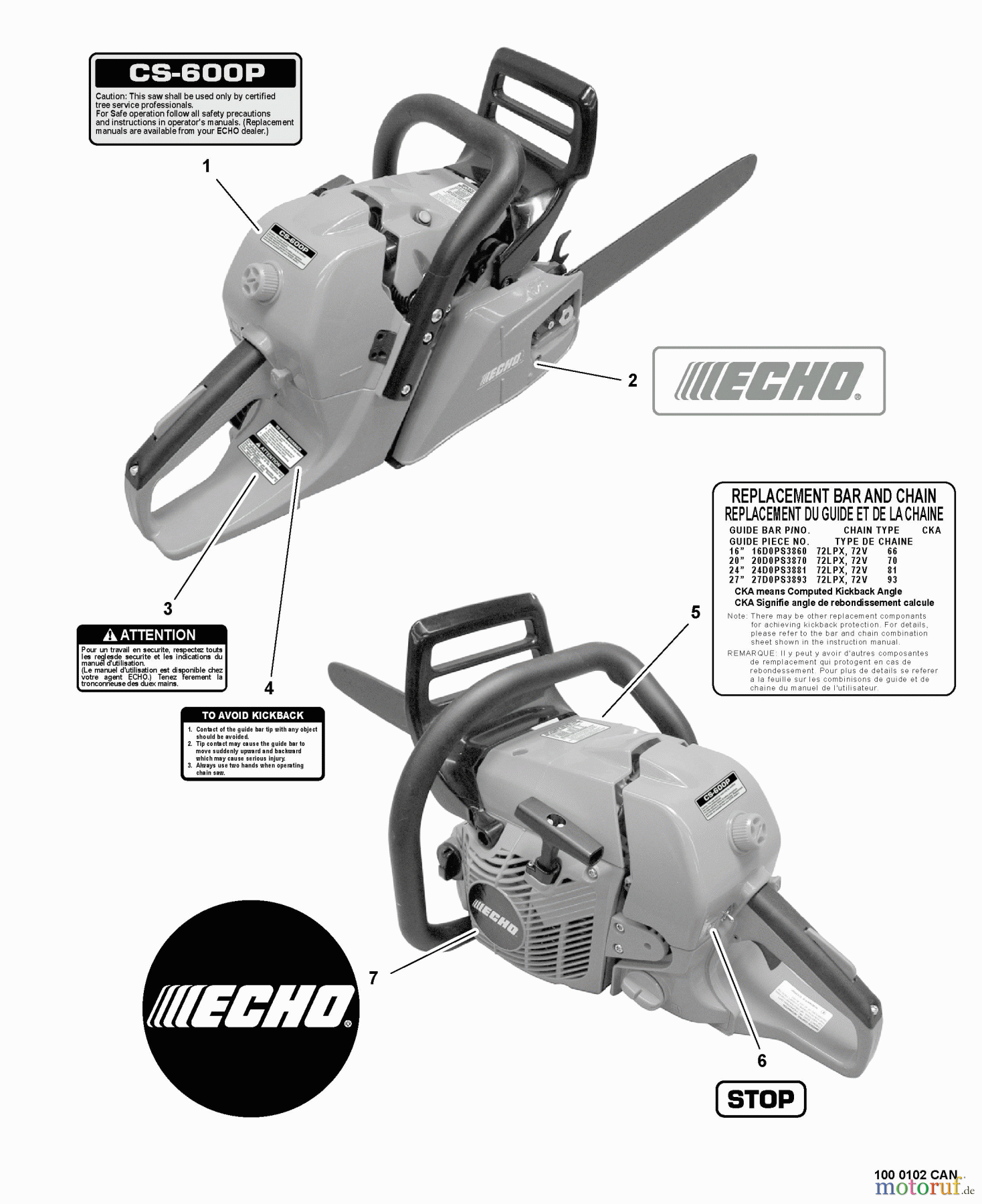  Echo Sägen, Kettensägen CS-600P - Echo Chainsaw, S/N: C03704001001 - C03704999999 Labels