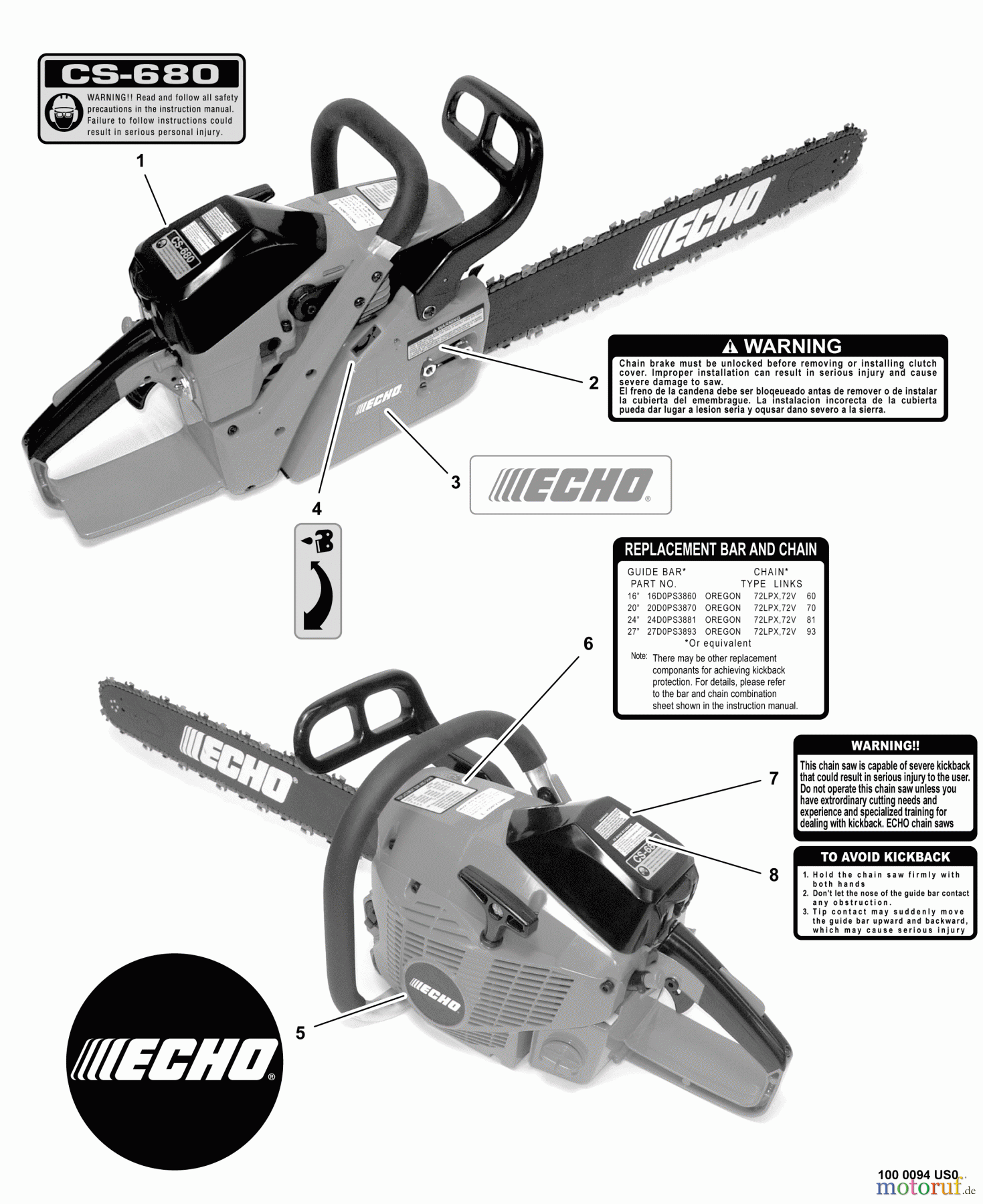 Echo Sägen, Kettensägen CS-680 - Echo Chainsaw, S/N: C03203001001 - C03203999999 Labels