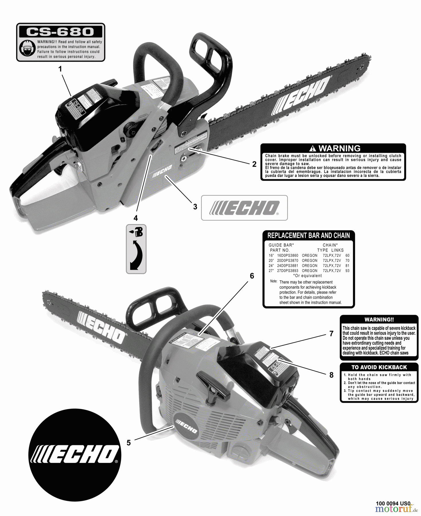  Echo Sägen, Kettensägen CS-680 - Echo Chainsaw, S/N: C03203001001 - C03203999999 Labels
