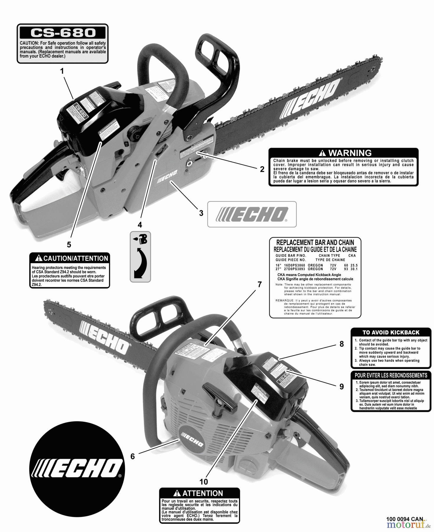 Echo Sägen, Kettensägen CS-680 - Echo Chainsaw, S/N: C03304001001 - C03304999999 Labels