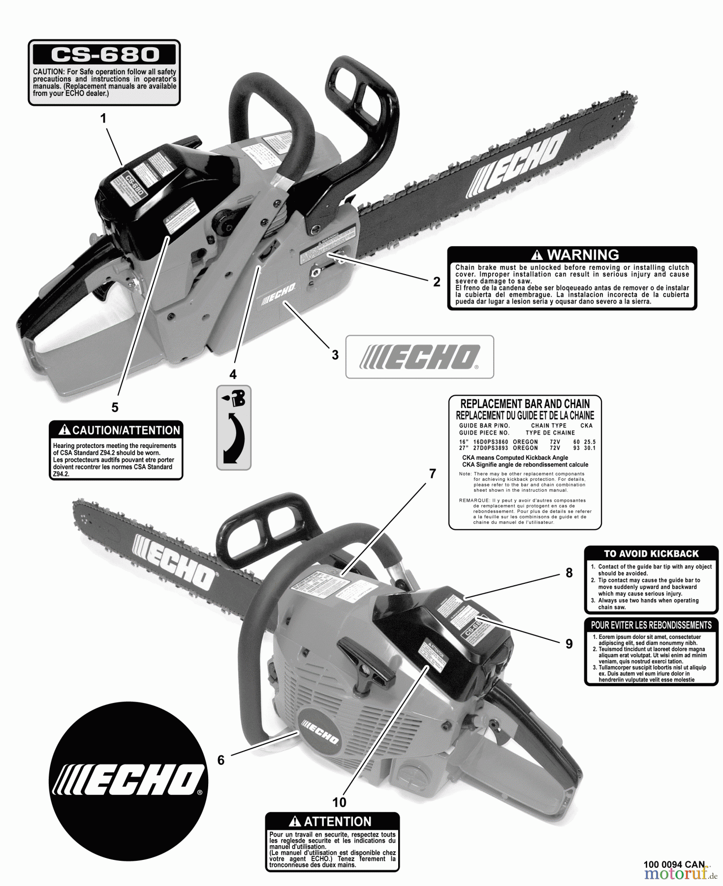  Echo Sägen, Kettensägen CS-680 - Echo Chainsaw, S/N: C03304001001 - C03304999999 Labels