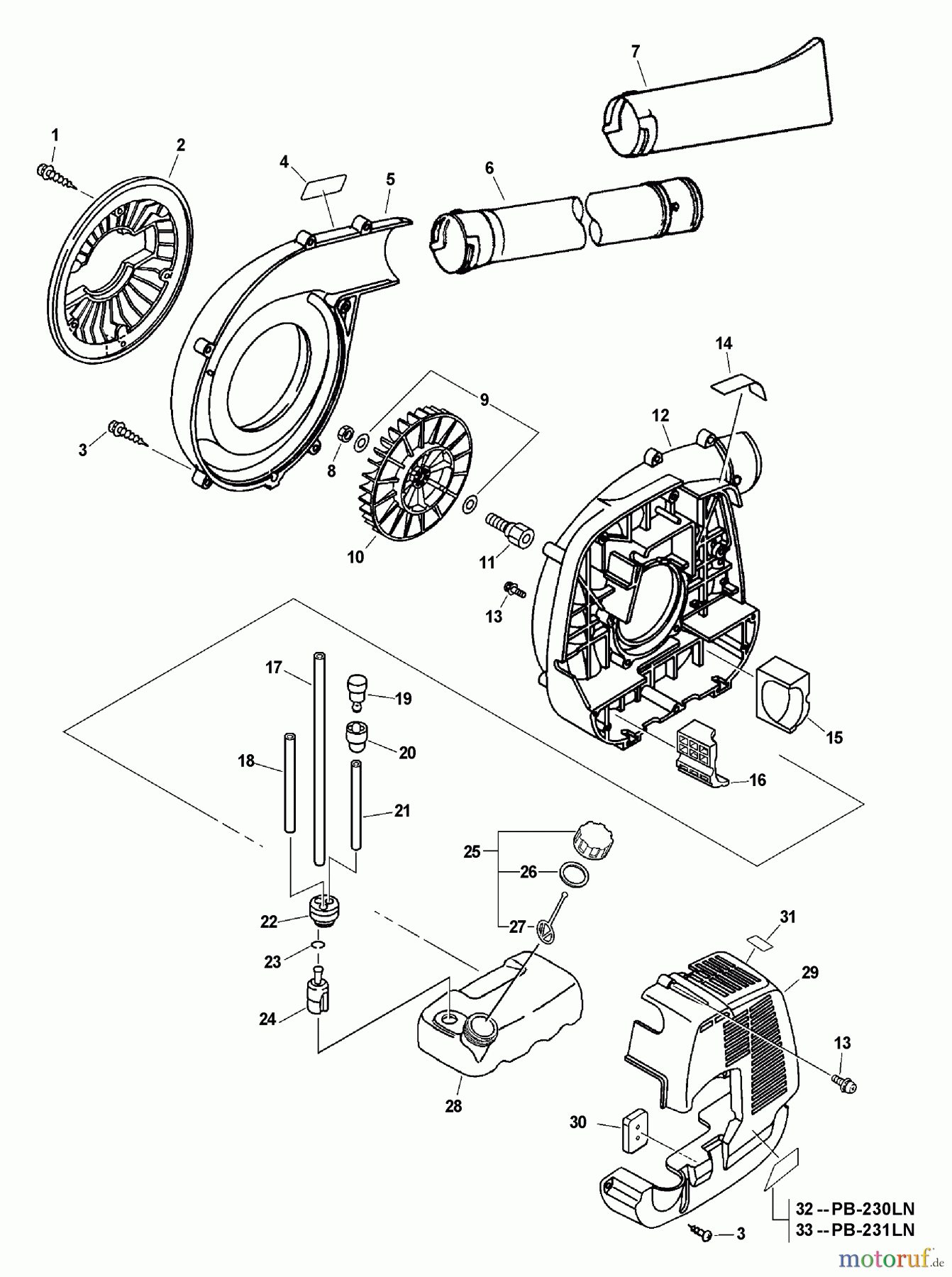 Echo Bläser / Sauger / Häcksler / Mulchgeräte	 PB-230LN - Echo Hand Held Blower, S/N: 07001001 - 07999999 Fan Case, Blower Pipes, Fuel System