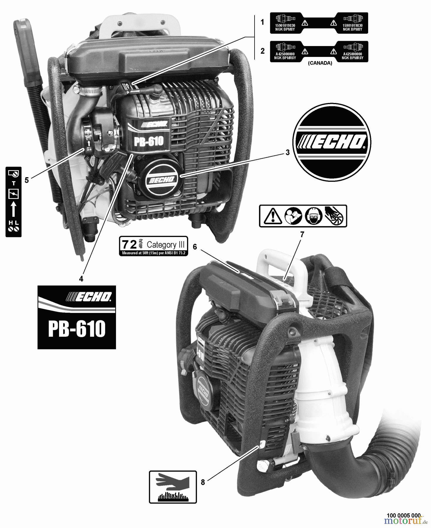  Echo Bläser / Sauger / Häcksler / Mulchgeräte	 PB-610 - Echo Back Pack Blower, S/N: P09812001001 - P09812999999 Labels