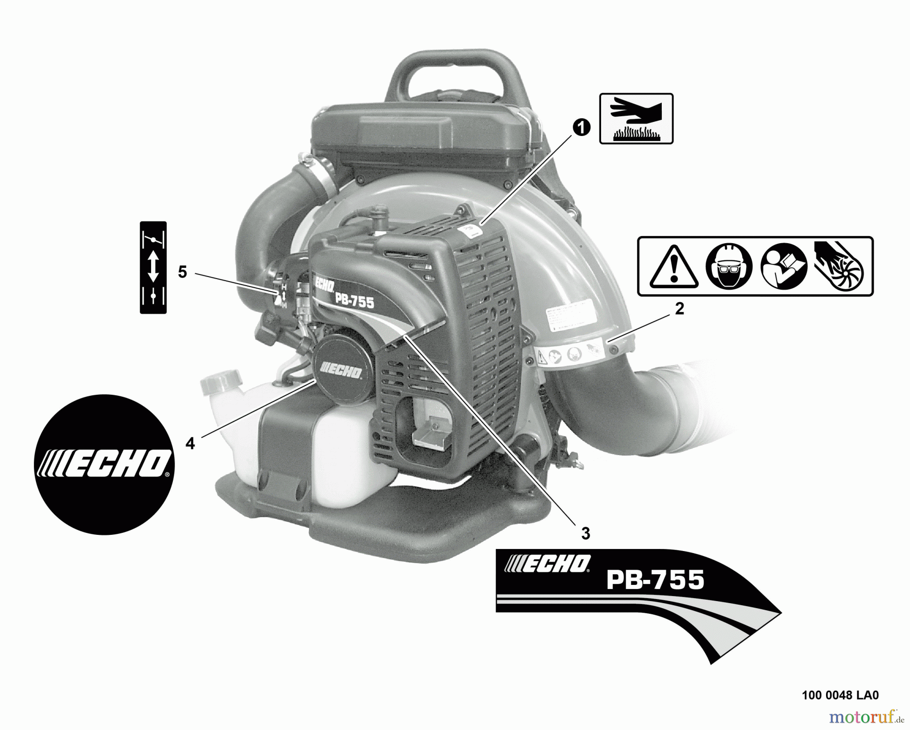  Echo Bläser / Sauger / Häcksler / Mulchgeräte	 PB-755 - Echo Back Pack Blower, S/N: P38526001001 - P38526999999 Labels