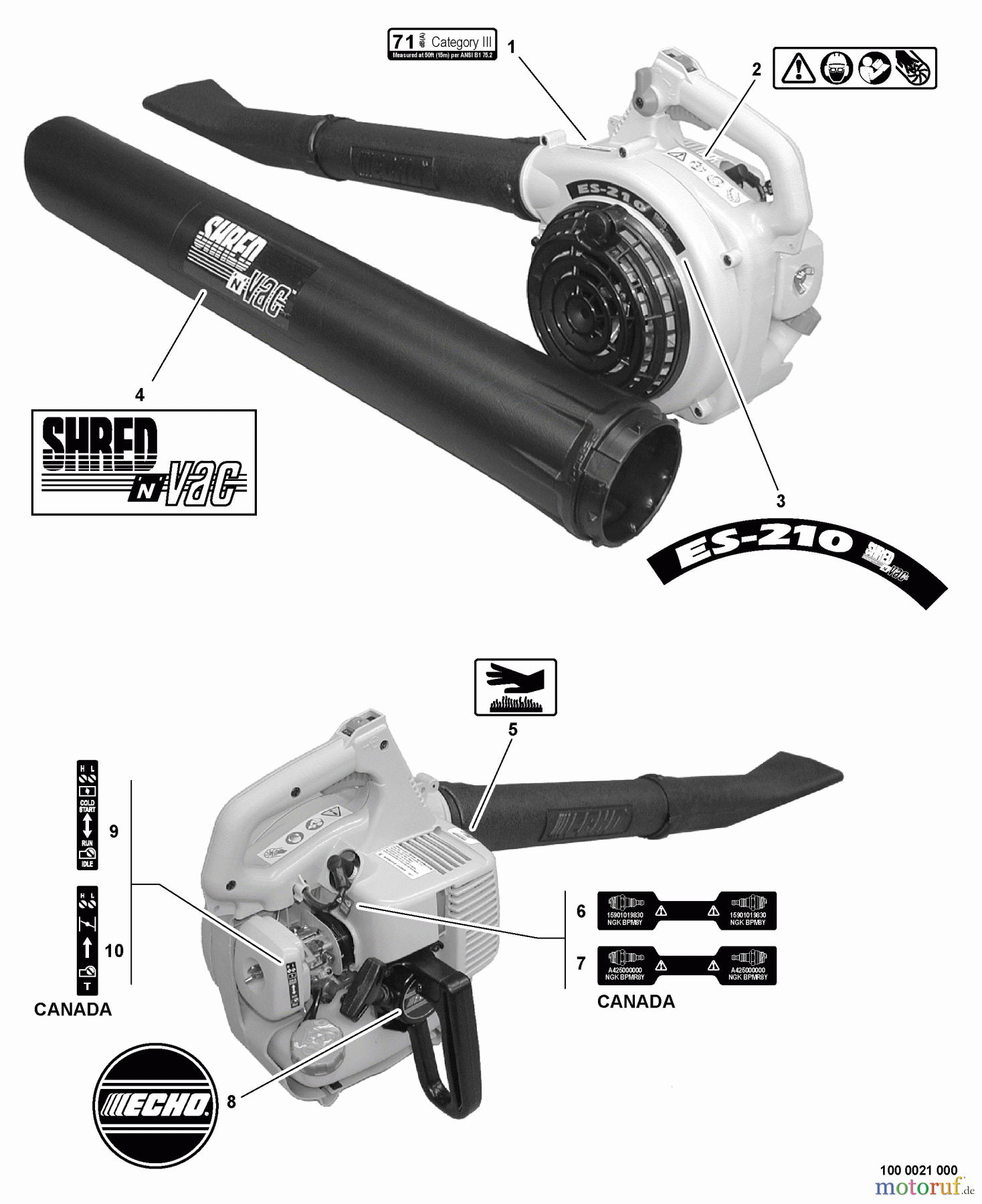  Echo Bläser / Sauger / Häcksler / Mulchgeräte	 ES-210 - Echo Shredder/Vacuum, S/N: P07113001001 - P07113999999 Labels