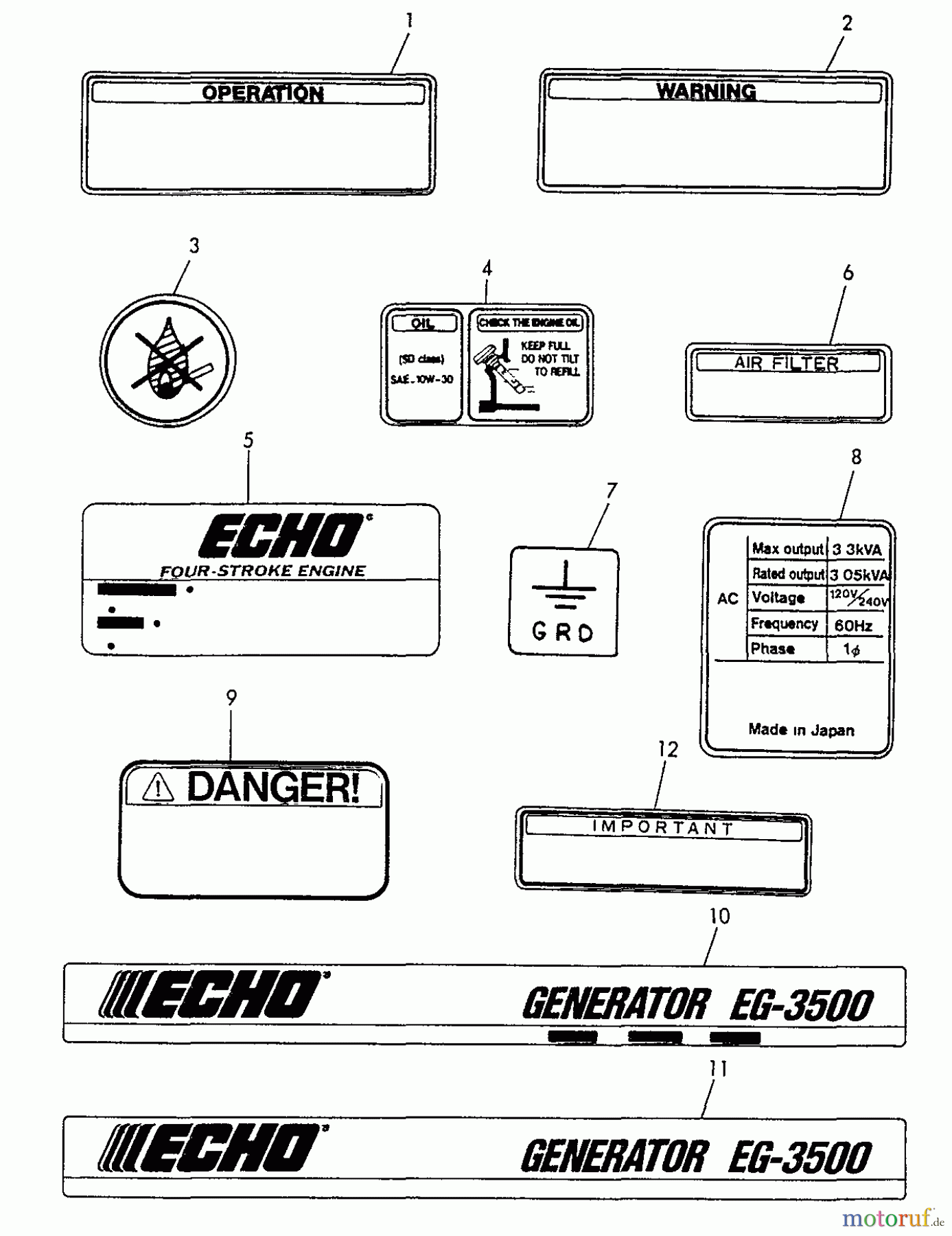  Echo Stromerzeuger EG-3500 - Echo Portable Generator, S/N: 02738 - 99999 Label