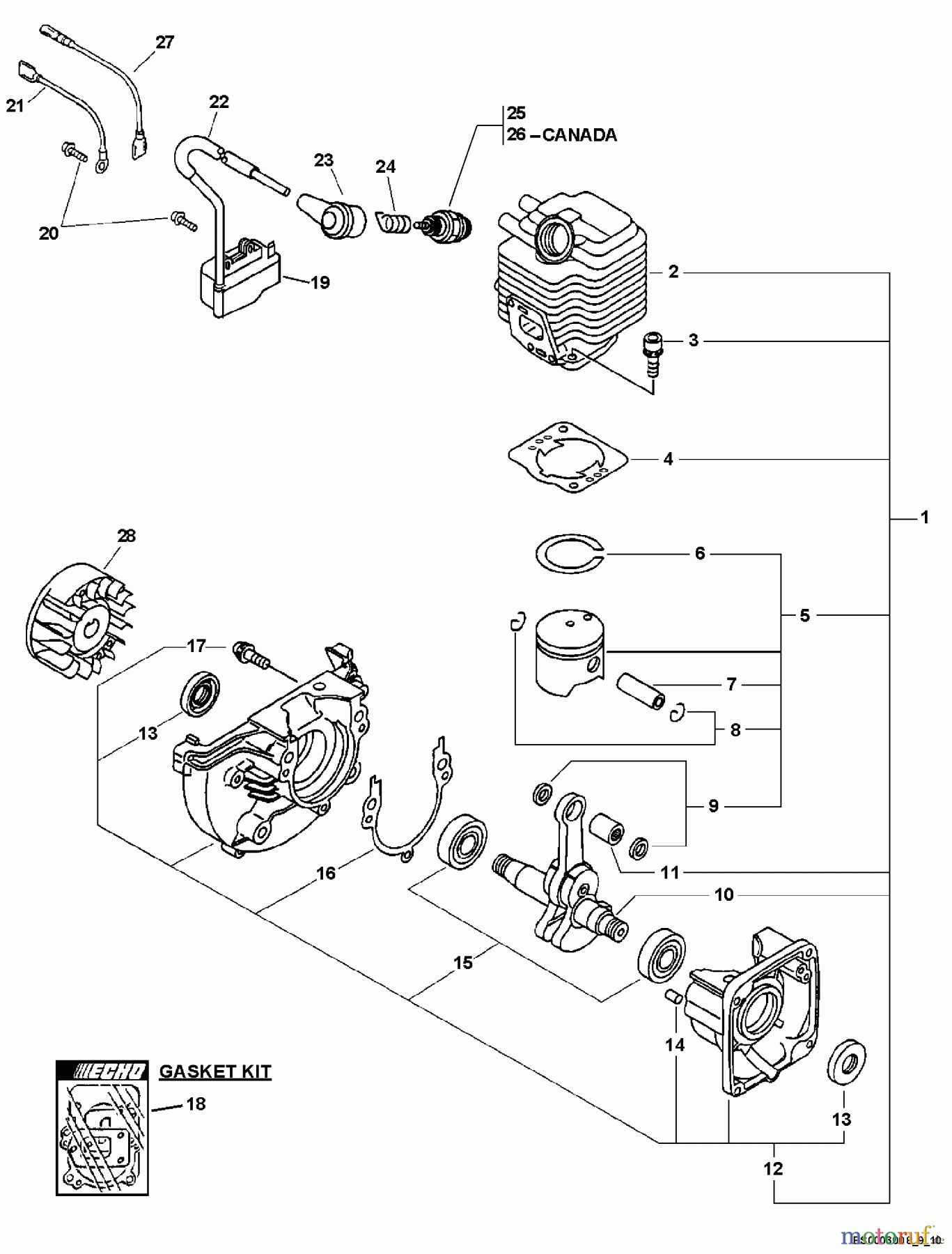  Echo Bläser / Sauger / Häcksler / Mulchgeräte	 ES-210 - Echo Shredder/Vacuum, S/N: 08001001 - 08999999 Engine, Short Block, Ignition