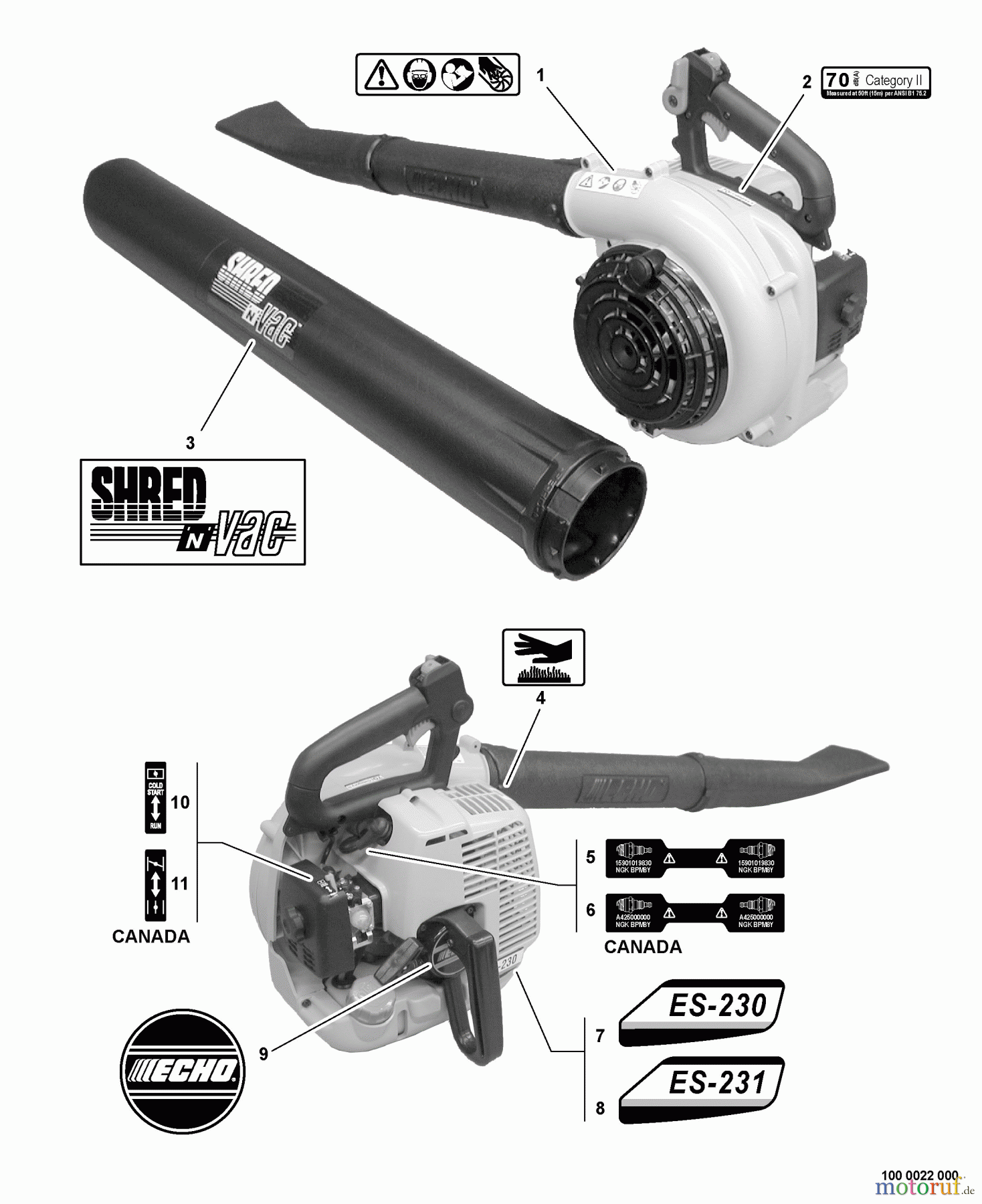  Echo Bläser / Sauger / Häcksler / Mulchgeräte	 ES-230 - Echo Shredder/Vacuum, S/N: P07313001001 - P07313999999 Labels