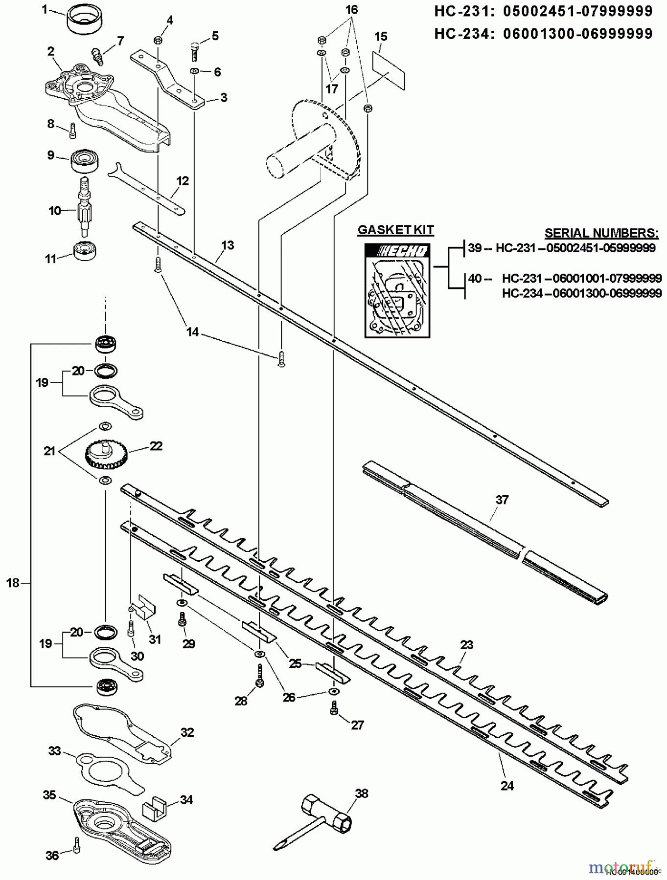 Echo Heckenscheren HC-231 - Echo Hedge Trimmer, S/N: 07001001 - 07999999 Blades, Gear Case, Side Handle, Tools