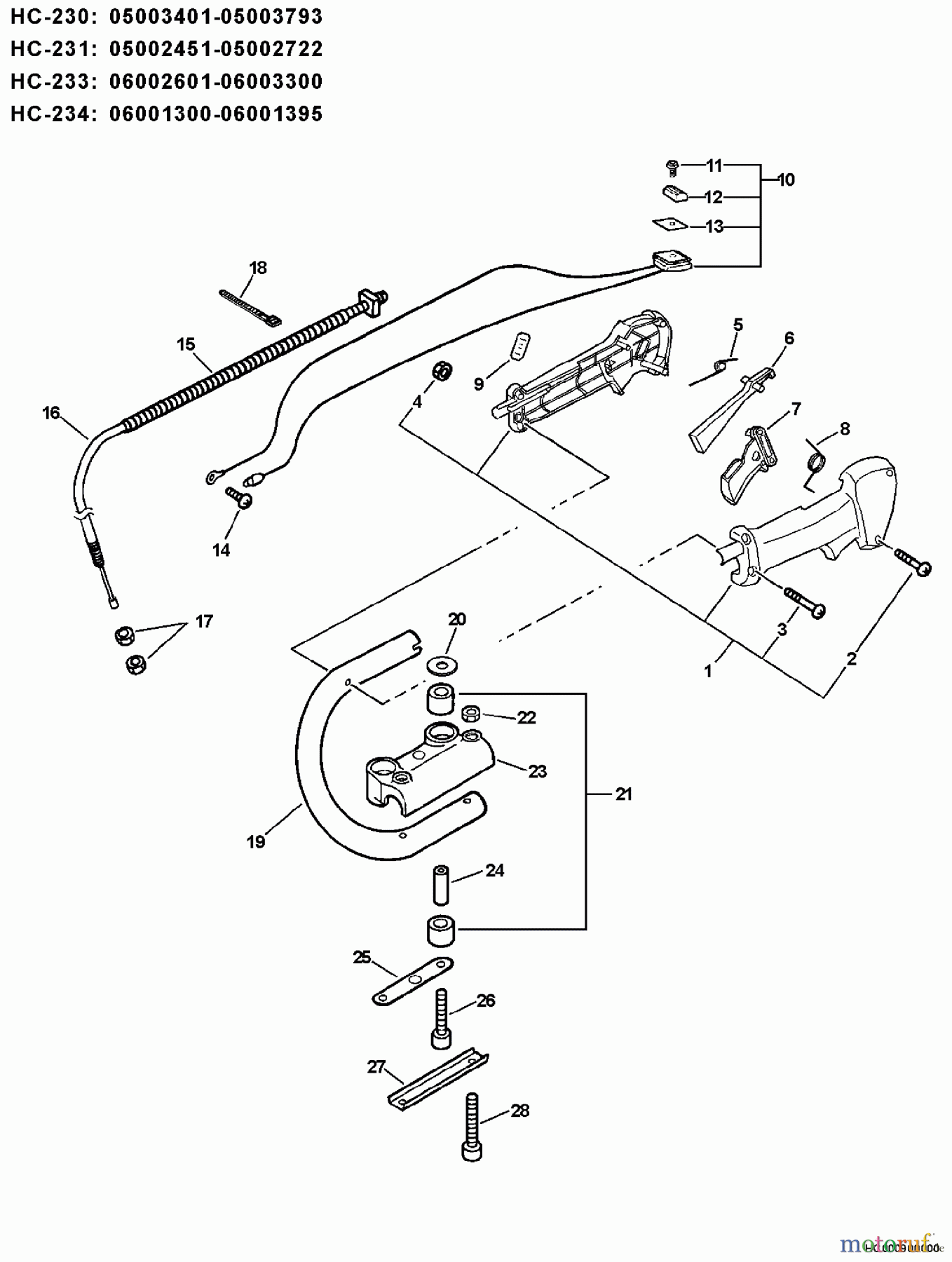 Echo Heckenscheren HC-230 - Echo Hedge Trimmer, S/N: 05001001 - 05999999 Handle, Ignition Switch, Throttle Cable S/N: 05003401 - 05003793