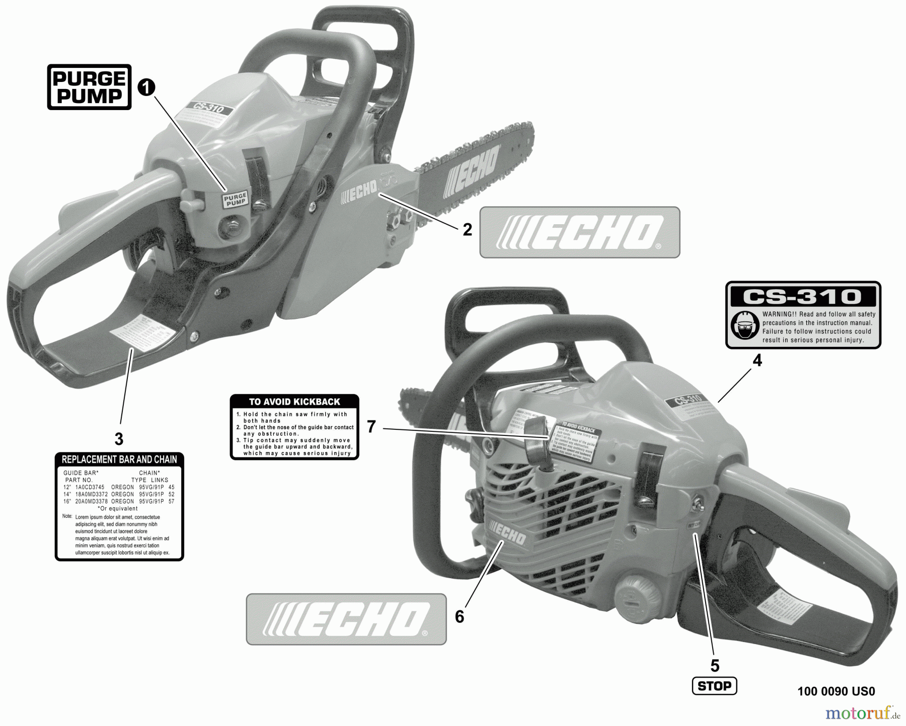  Echo Sägen, Kettensägen CS-310 - Echo Chainsaw, S/N: C04612001001 - C04612999999 Labels