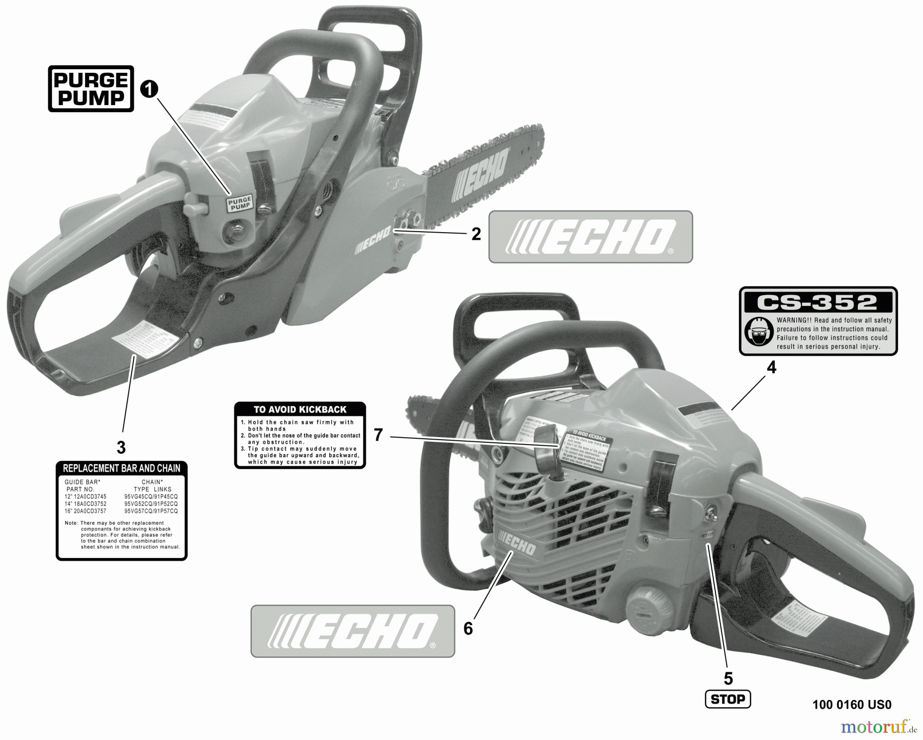  Echo Sägen, Kettensägen CS-352 - Echo Chainsaw, S/N: C19612001001 - C19612999999 Labels