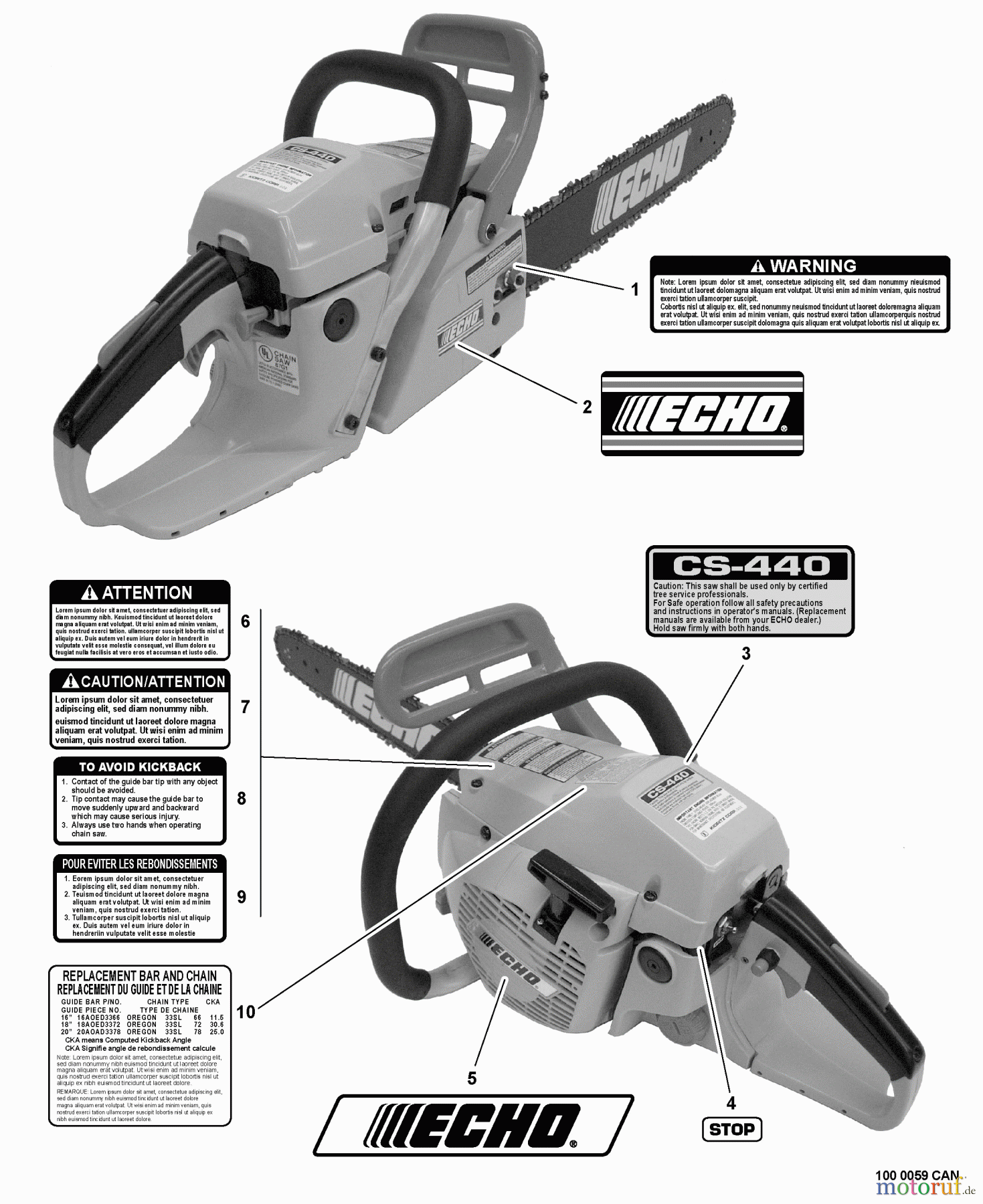  Echo Sägen, Kettensägen CS-440 - Echo Chainsaw, S/N: C07013001001 - C07013999999 Labels