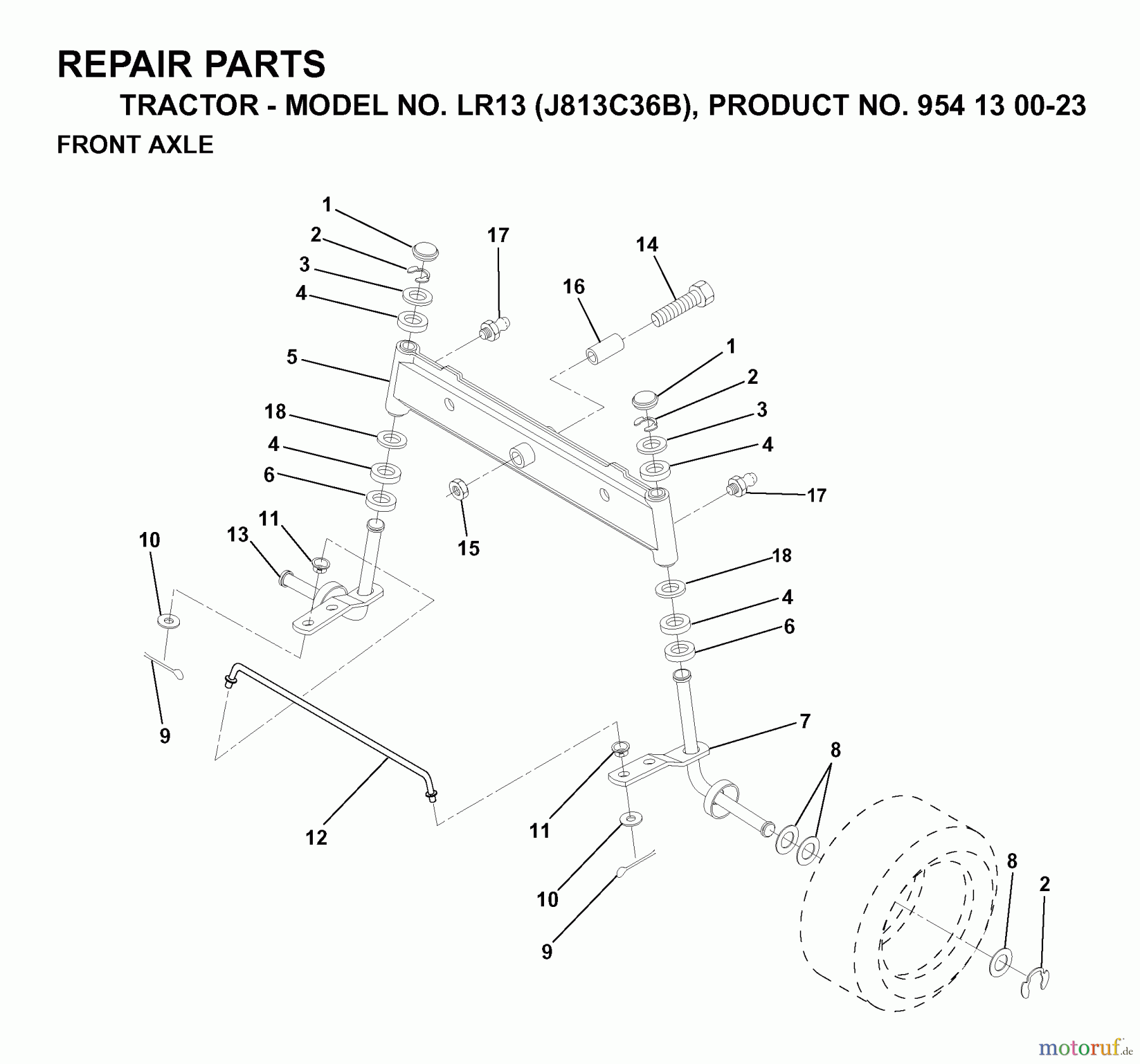  Jonsered Rasen  und Garten Traktoren LR13 (J813C36B, 954130023) - Jonsered Lawn & Garden Tractor (1998-12) FRONT AXEL