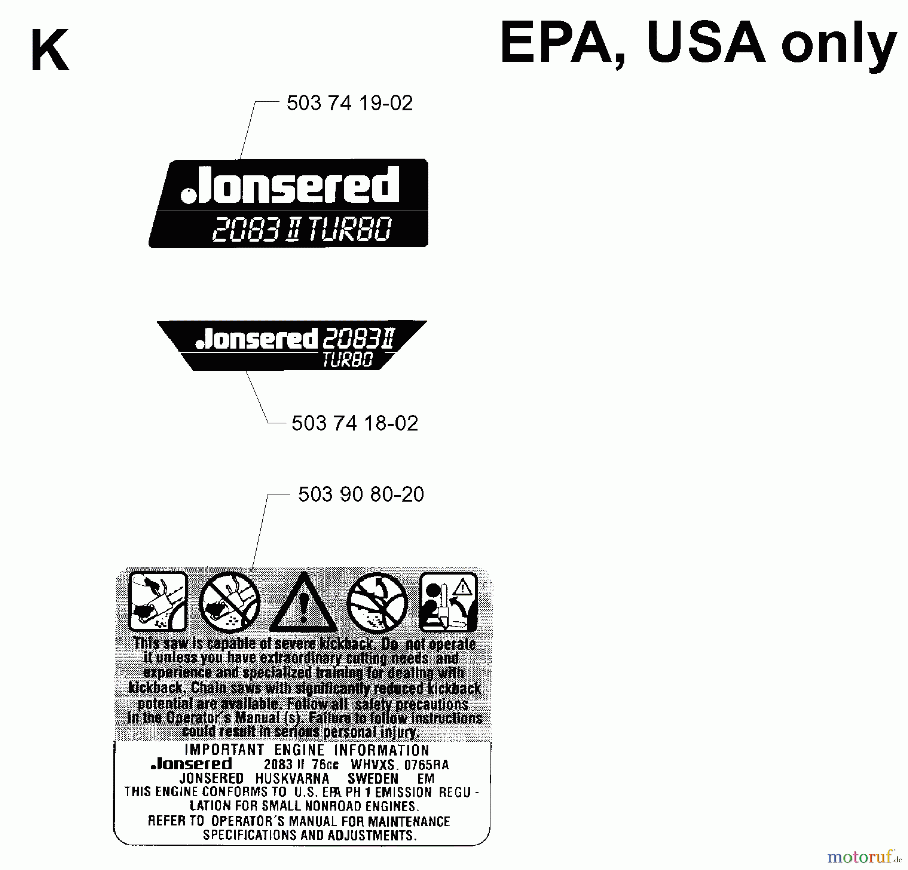  Jonsered Motorsägen 2083 II EPA - Jonsered Chainsaw (2001-10) DECALS #1